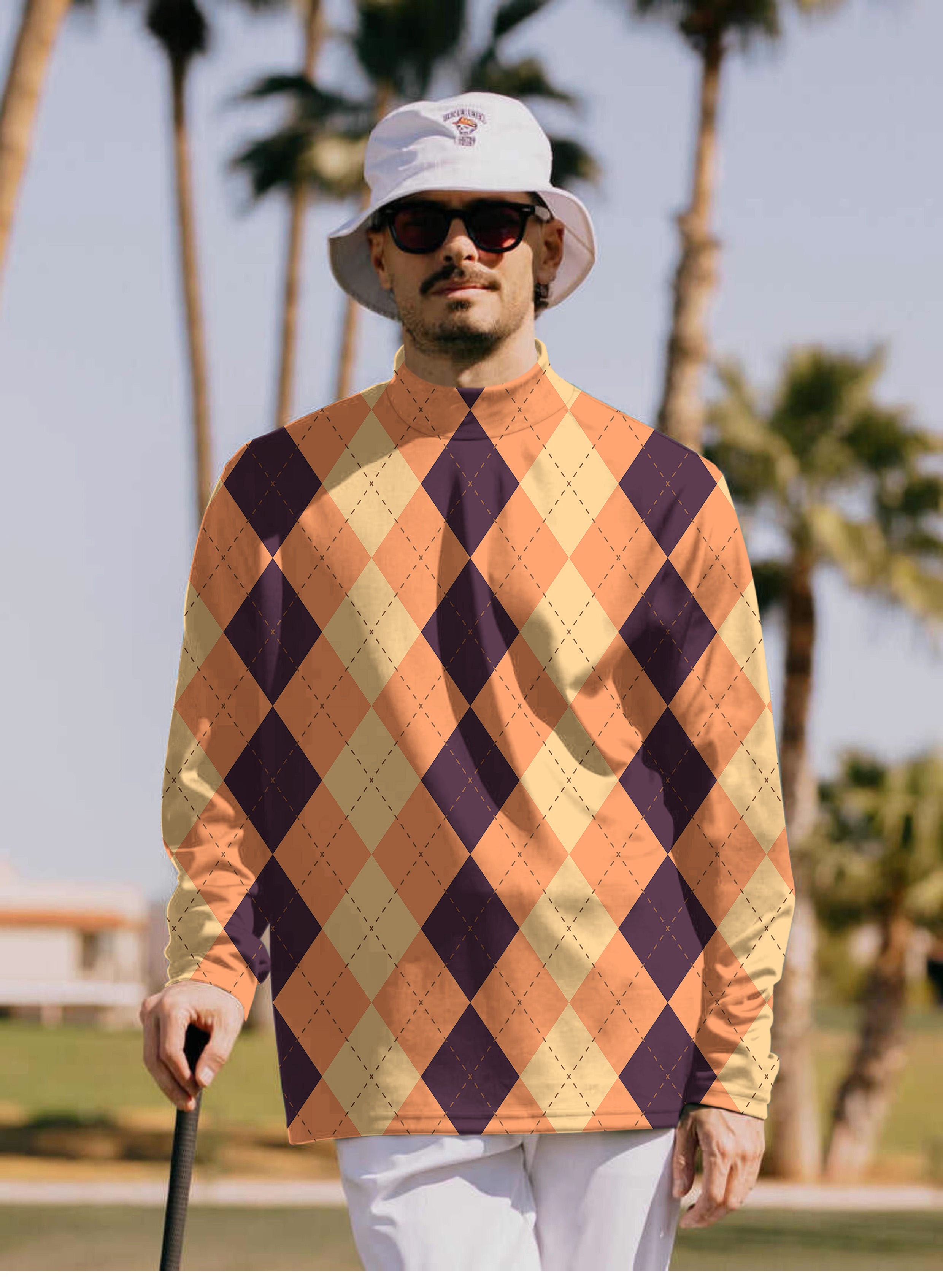 Men's Halloween Black Light Yellow Orange Argyle Pullover High neck Long/Short sleeve T-Shirt