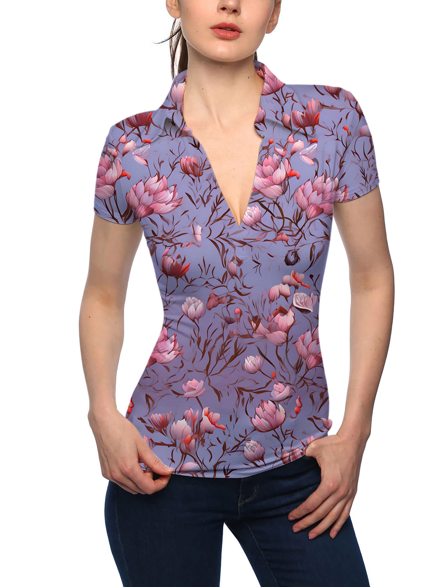 Women's Cherry blossoms V Neck Golf Polo