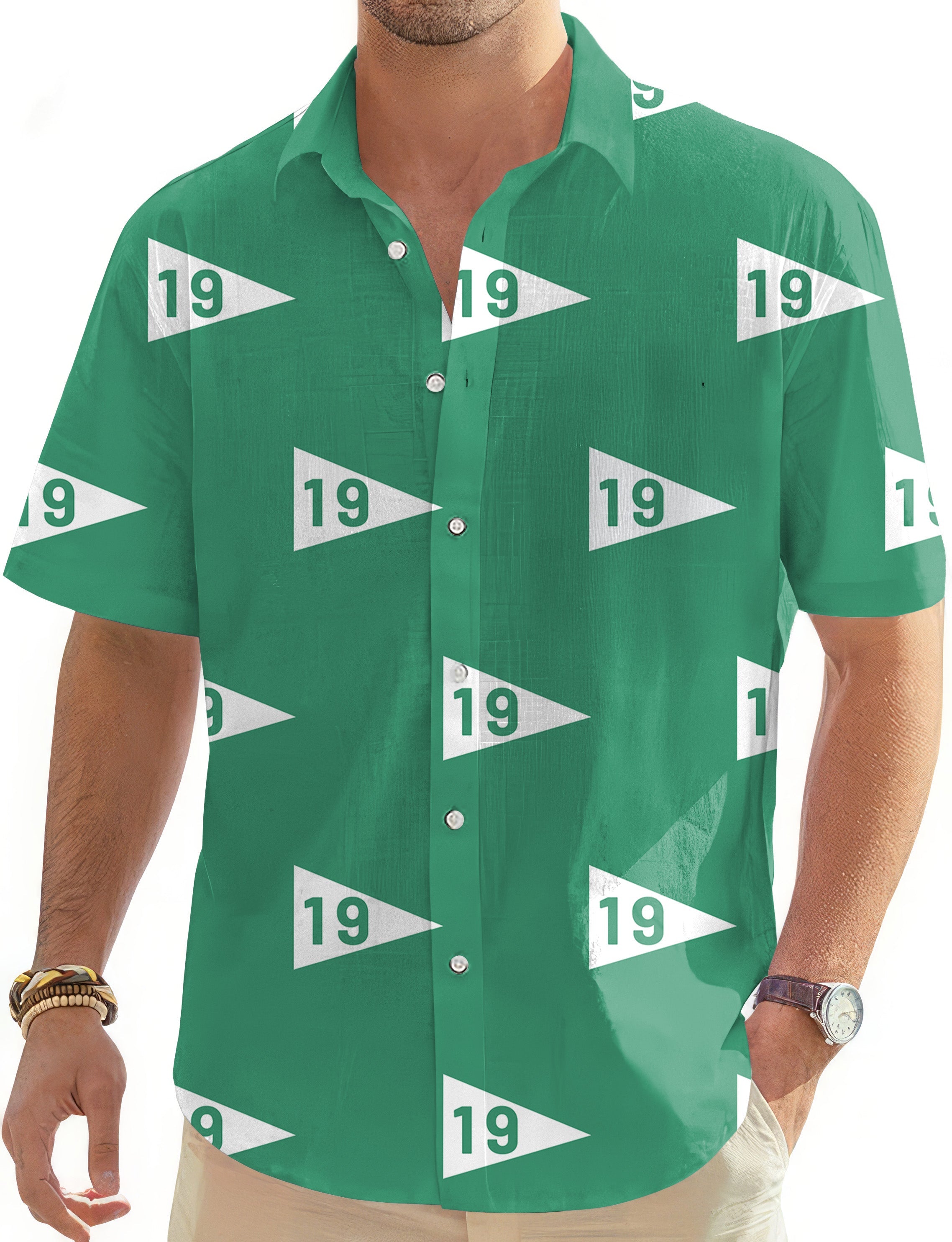 19th hole-38 men's golf Hawaiian shirt green button-down with white golf flags pattern