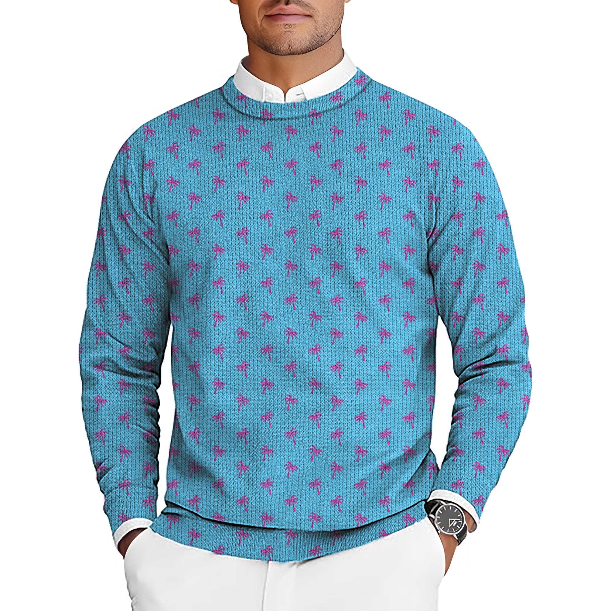 Pink Palm Trees Men's Golf Crewneck Pullover Sweaters Ugly Sweater