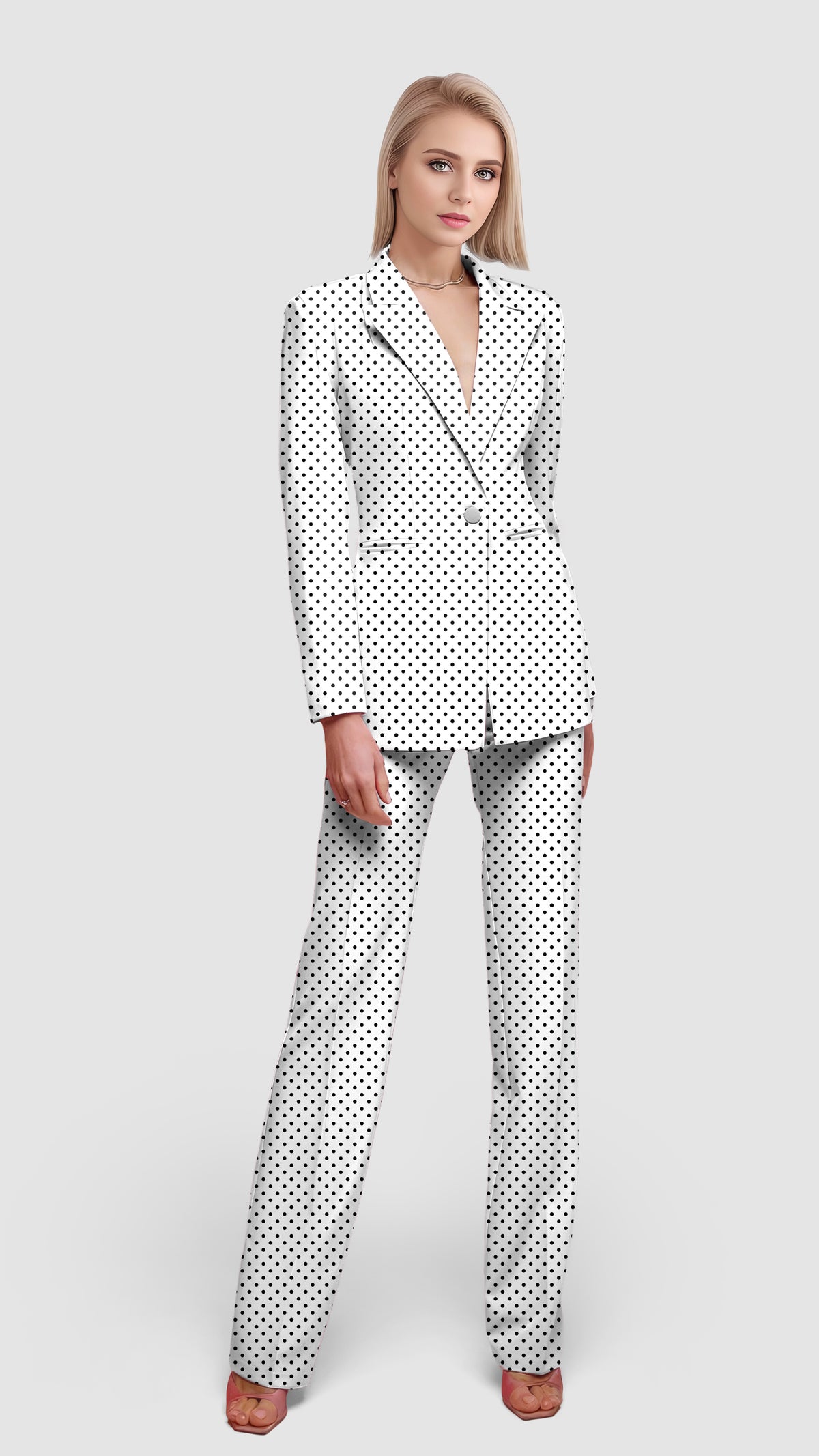 Black polka dots white background Women's Blazer Casual Work Office Blazer Suit set