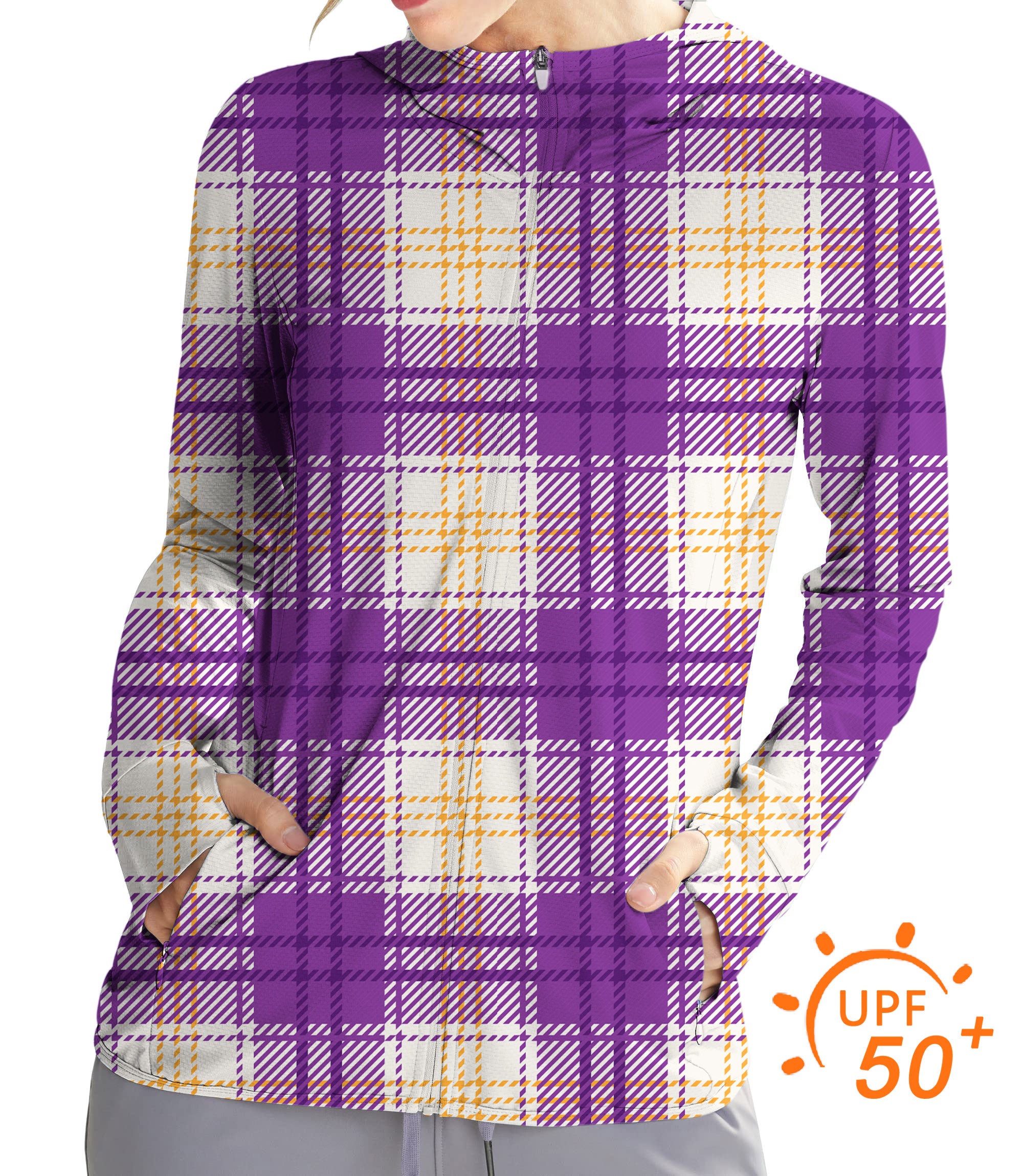 Women's Outdoor Halloween purple and yellow grid pattern Golf Sun Protection Slim Fit zip hoodies
