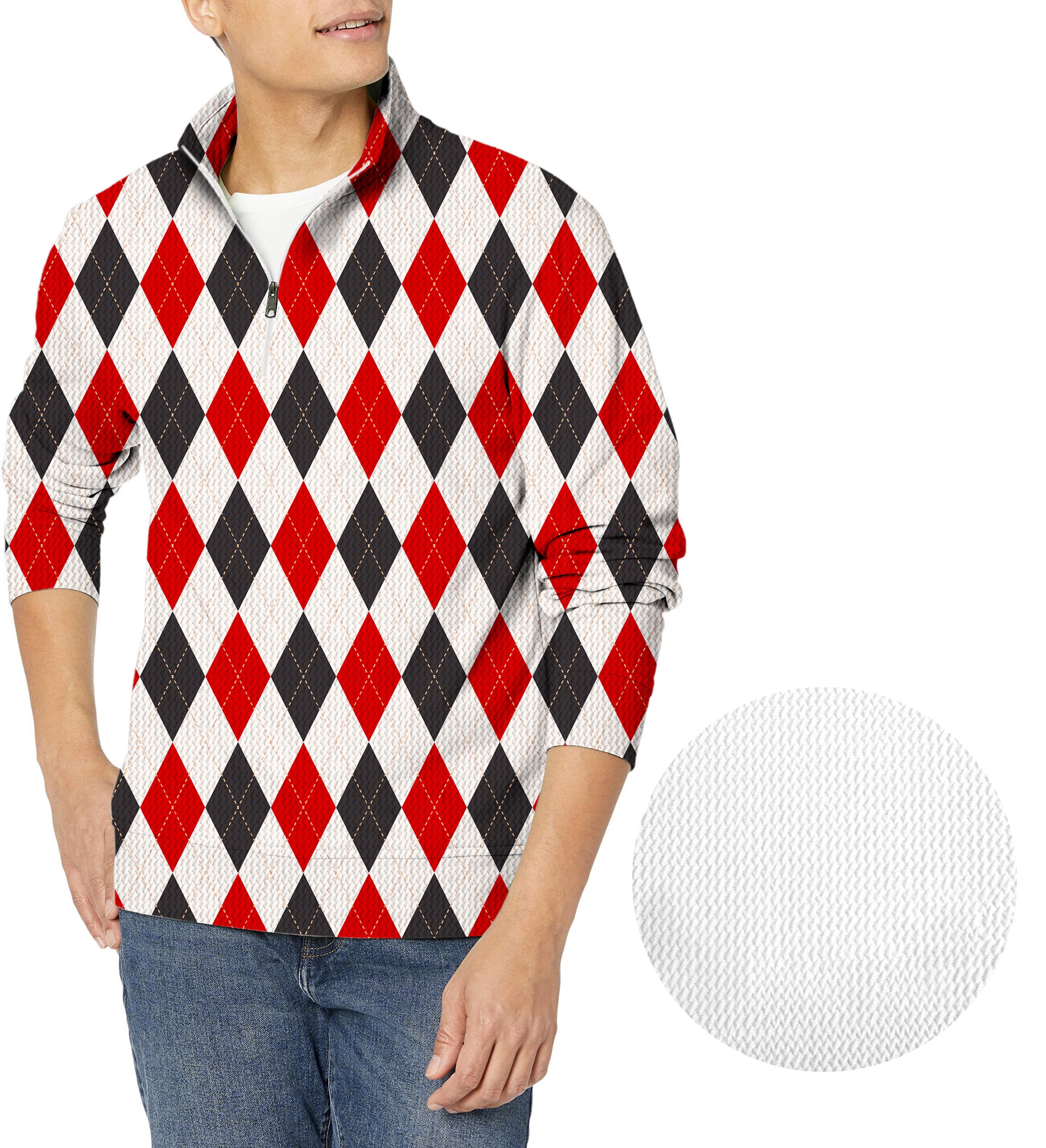 Argyle Red black grid-Men's Golf Waffle Zipper Pullover
