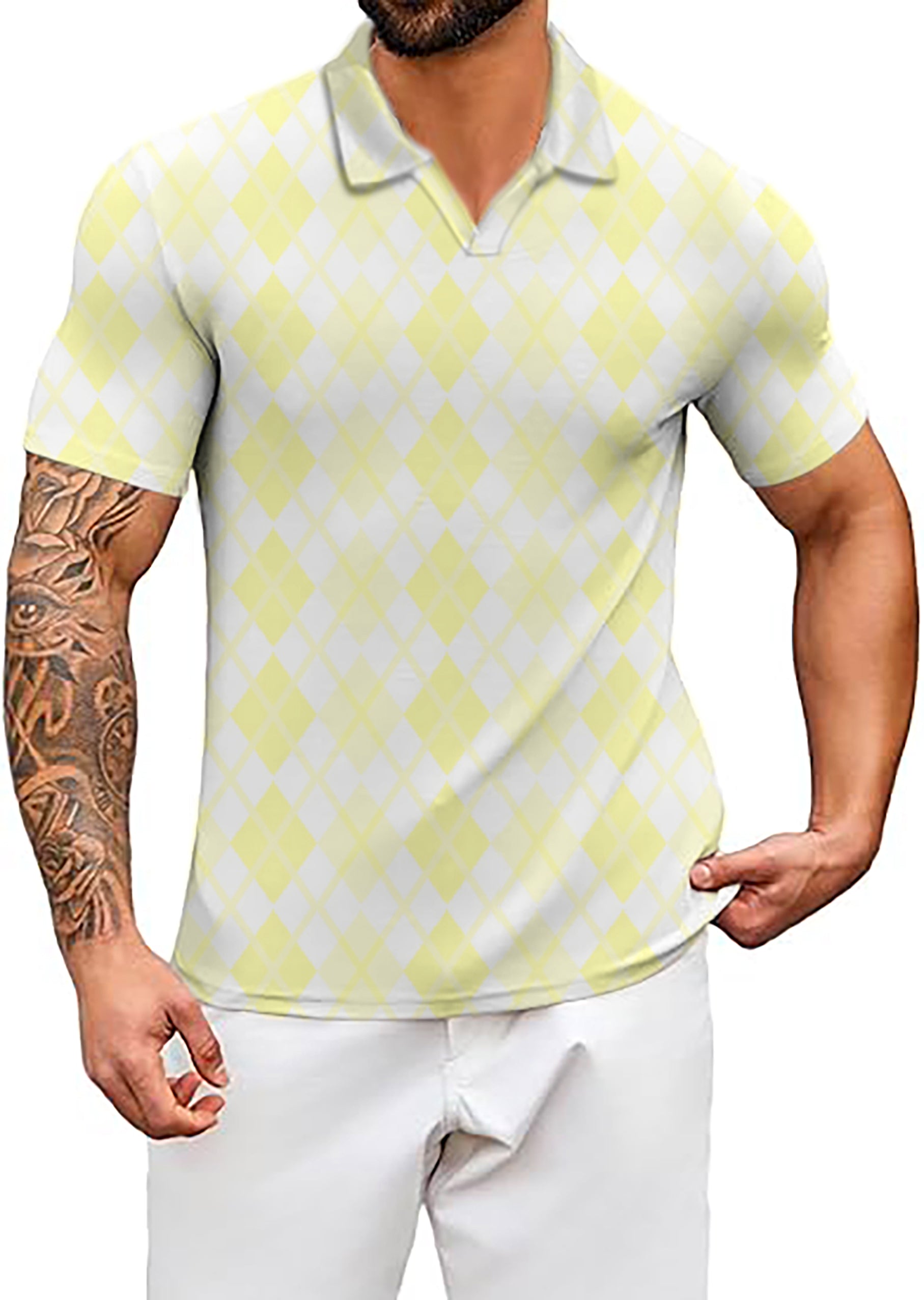 Men's Argyle yellow grid V Neck Golf Polo Shirts