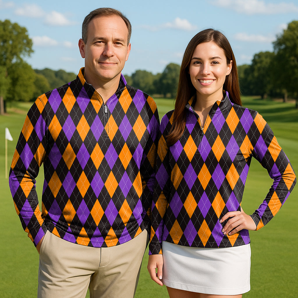 Orange purple and black argyle Couple Golf Active 3/4 Zip Top Long Sleeves
