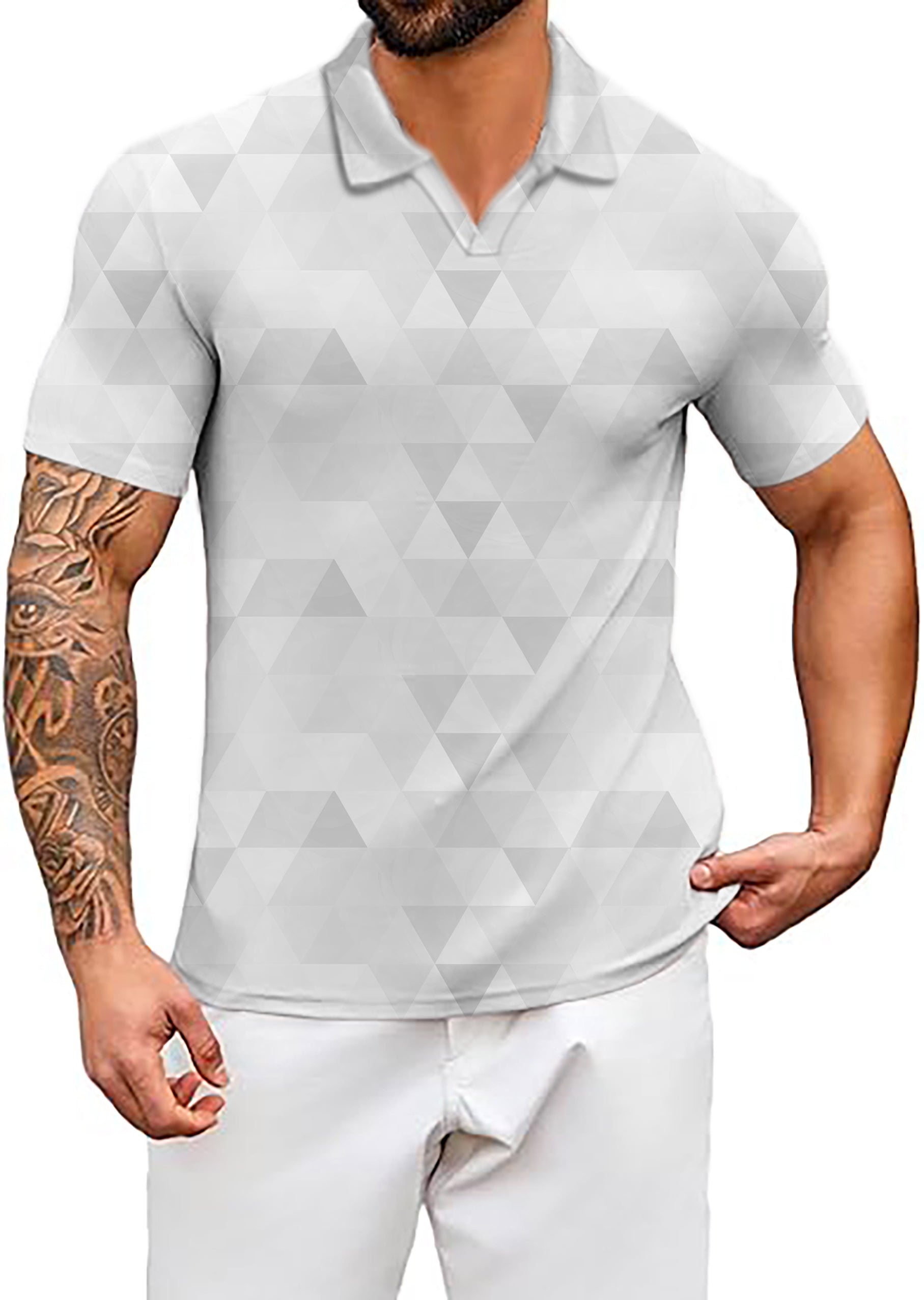 Men's Abstract Grey Background With Triangular Pattern V Neck Golf Polo Shirts