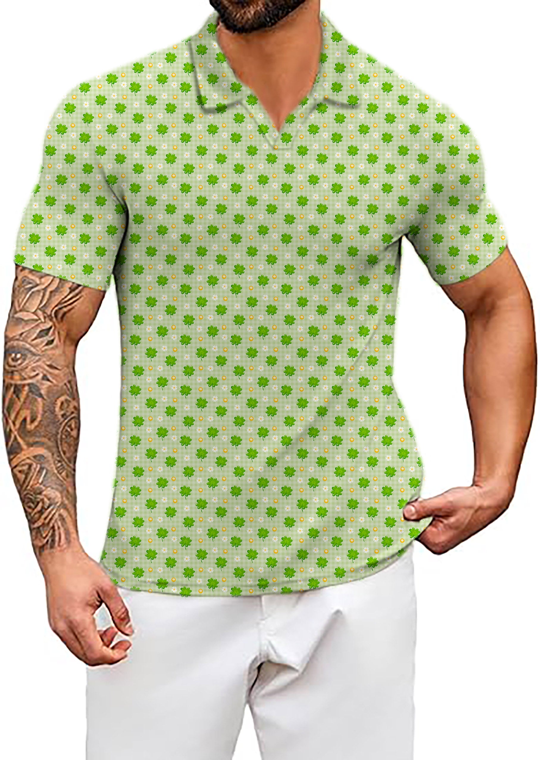 Men's Leaf clover St. Patrick's Day V Neck Golf Polo Shirts