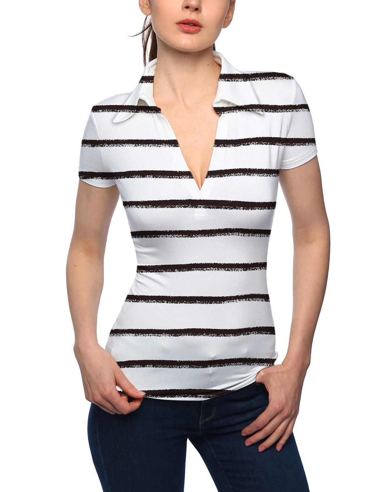Women's Black and white crayon-style stripes V Neck Golf Polo