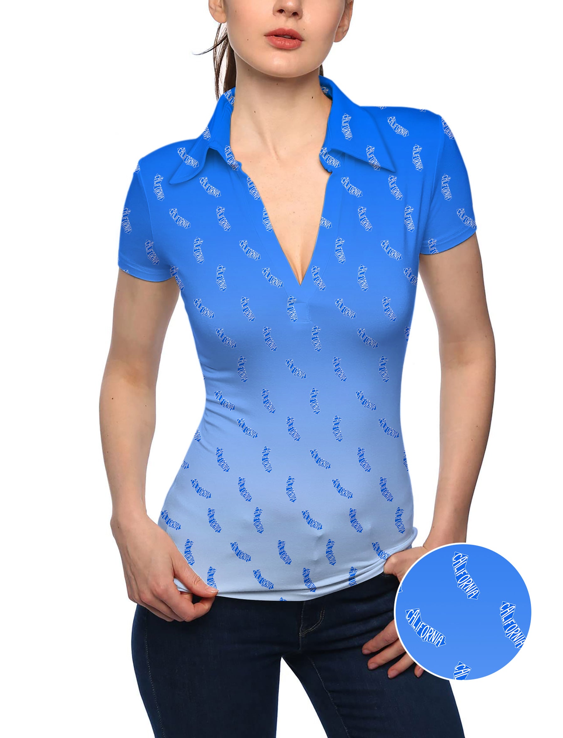Women's Blue California V Neck Golf Polo