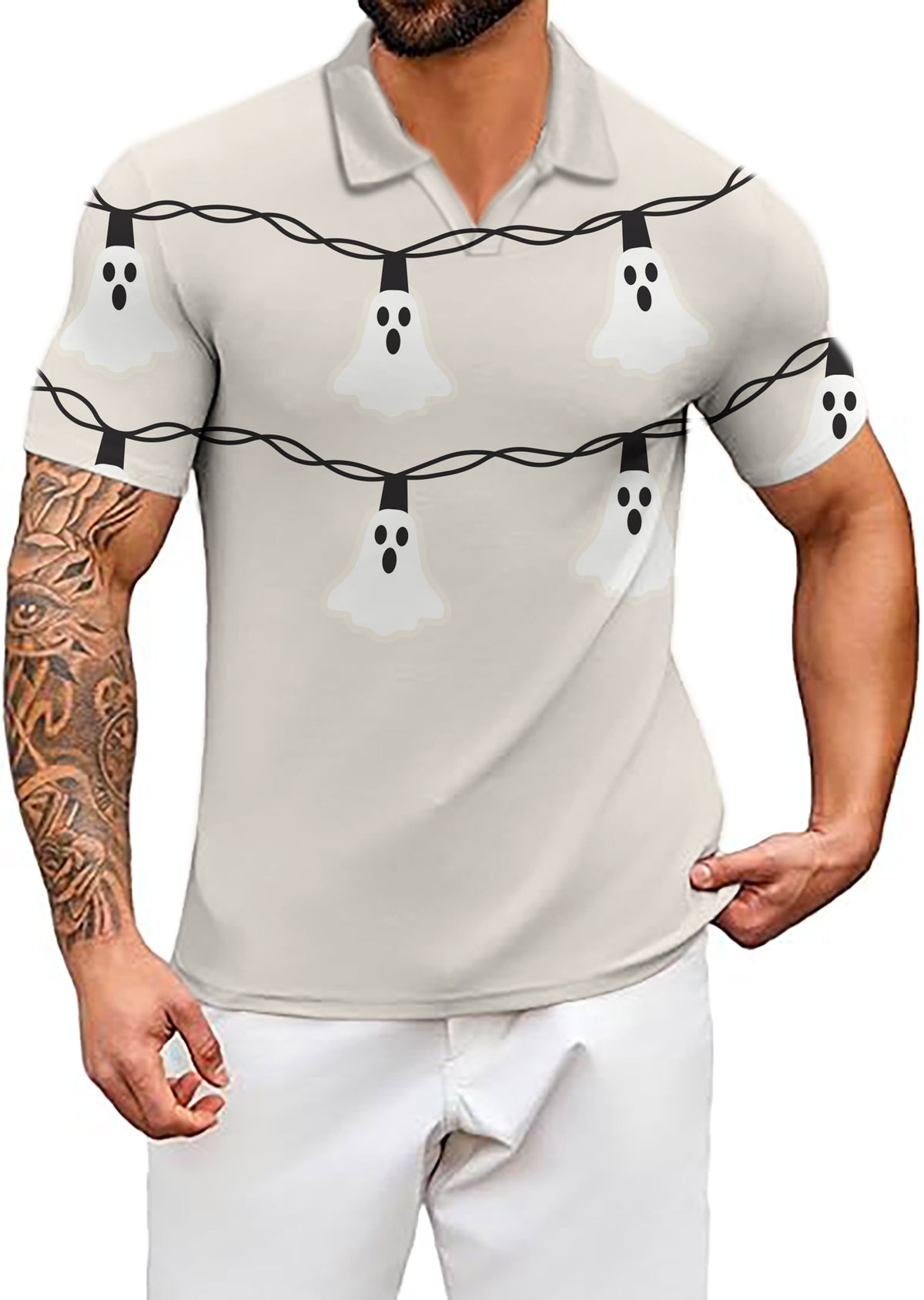 Men's Halloween Ghost Light V Neck Golf Polo Shirts