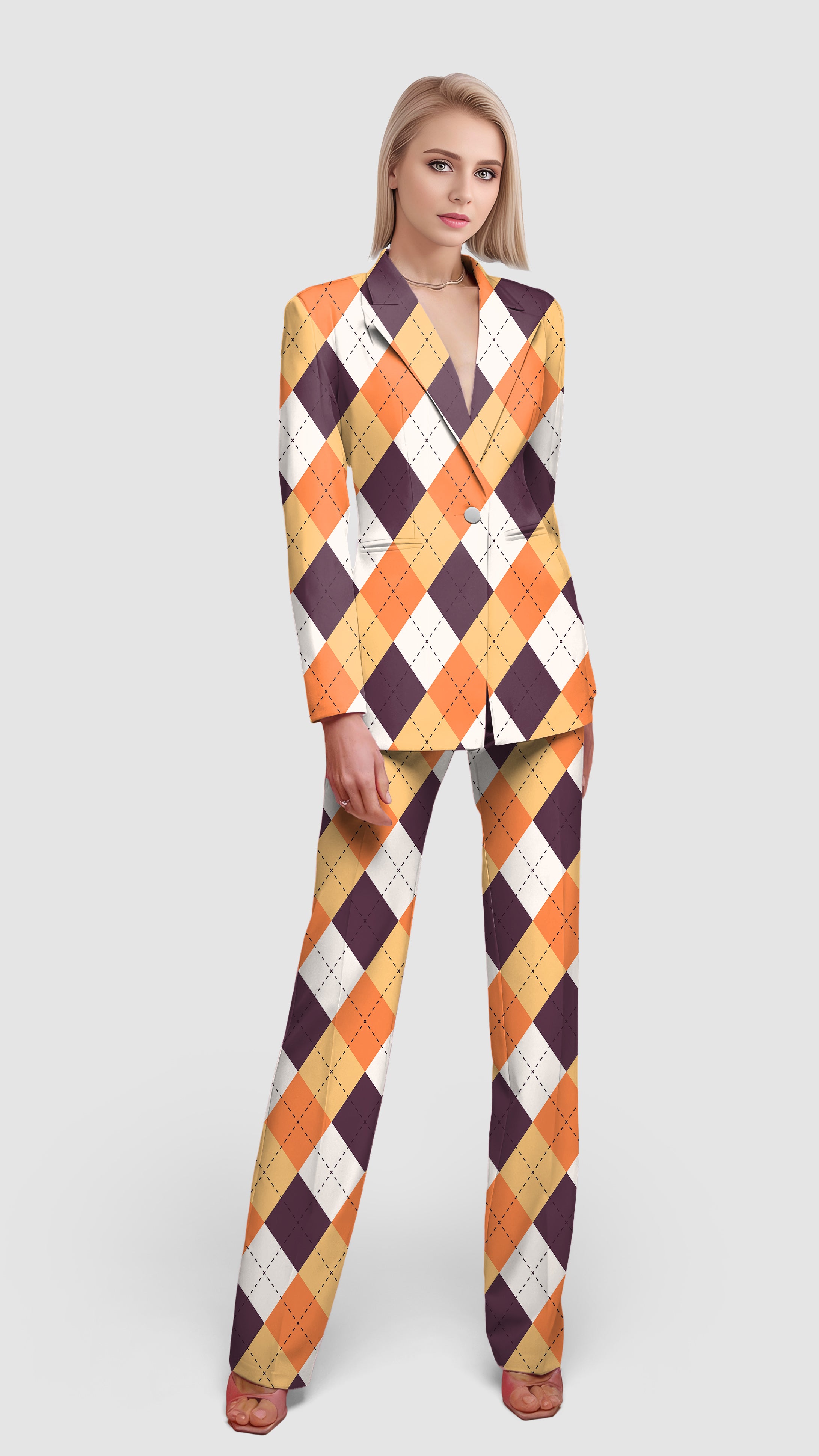 Halloween Orange White Brown Argyle Women's Blazer Casual Work Office Blazer Suit set