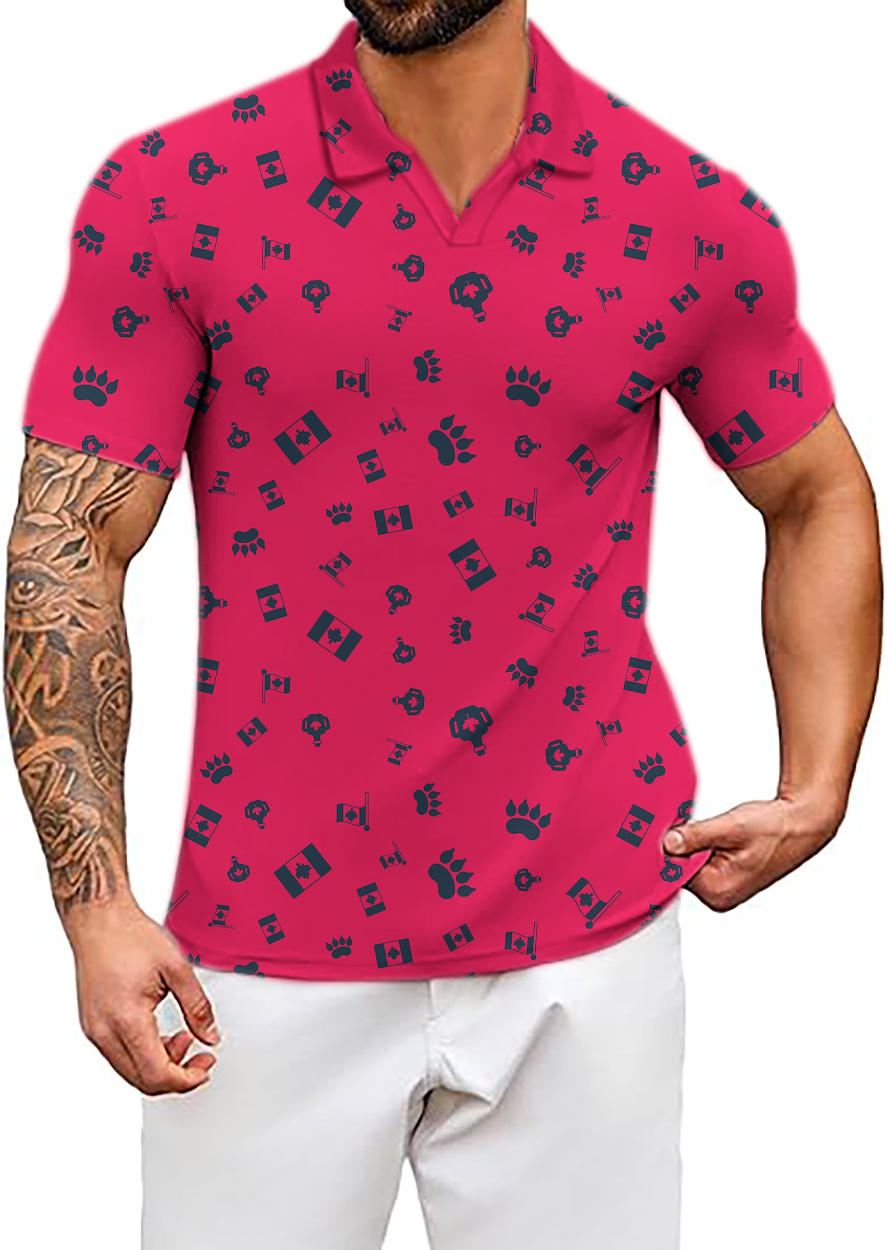 Men's Coconut Palm Canadian Flag Paw V Neck Golf Polo Shirts