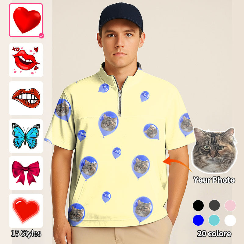 Valentine's Day Half Zipper Turtleneck Golf Short Shirt Custom Photo Face Custom Color Yellow Love Embroidery