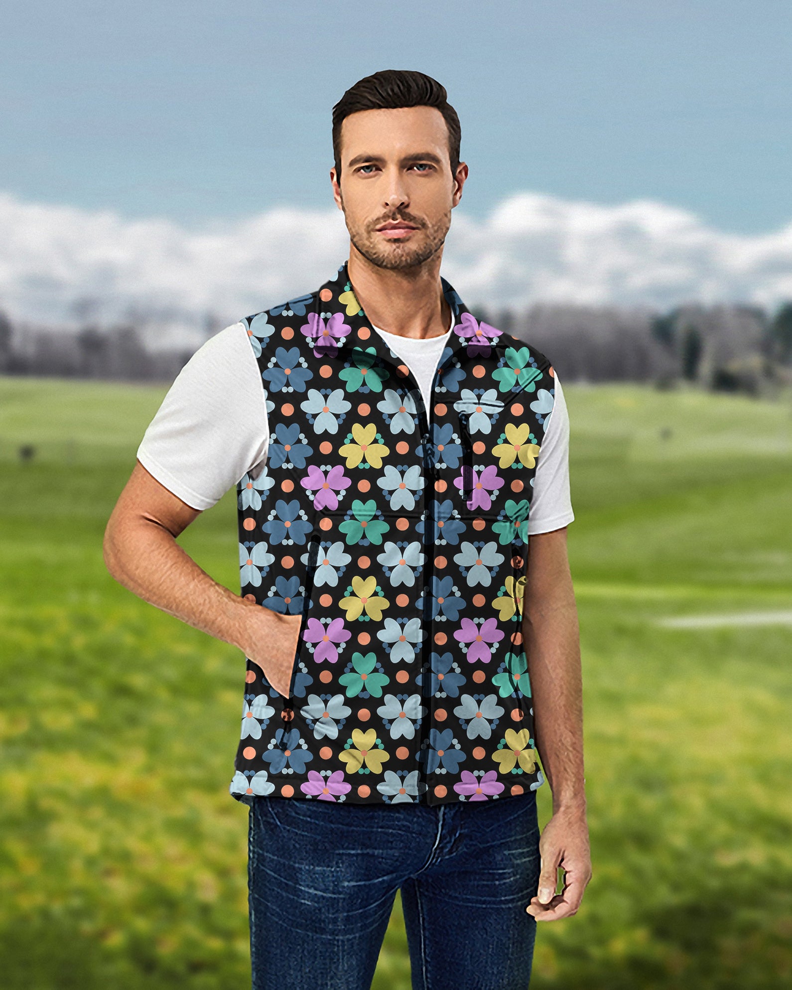 Men's Modern Flowers Lightweight Softshell Vest Sleeveless Jacket for Golf Windproof Waterproof