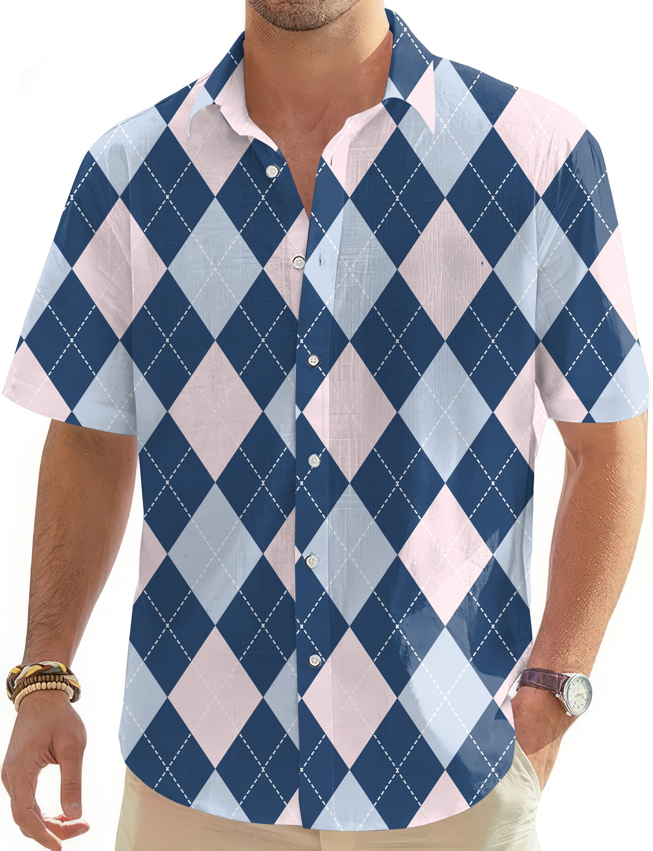 blue Argyle-Men's Golf Hawaiian Shirts Button Down Shirt