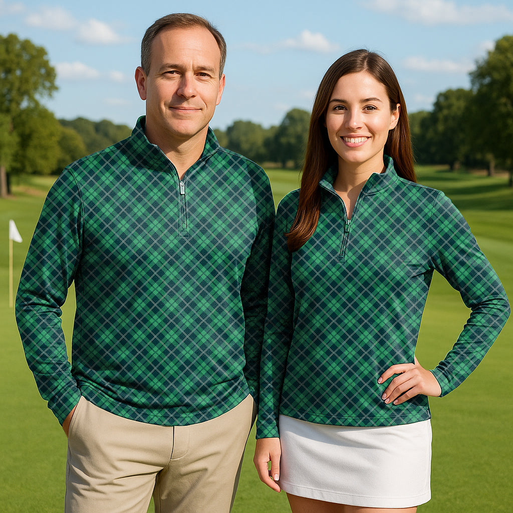Green Grid Couple Golf Active 3/4 Zip Top