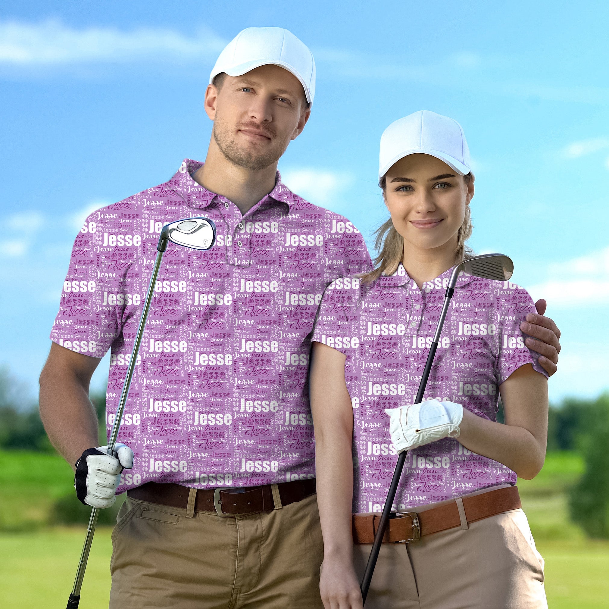 Golf Polo Couple Family set Custom name amethyst tournament
