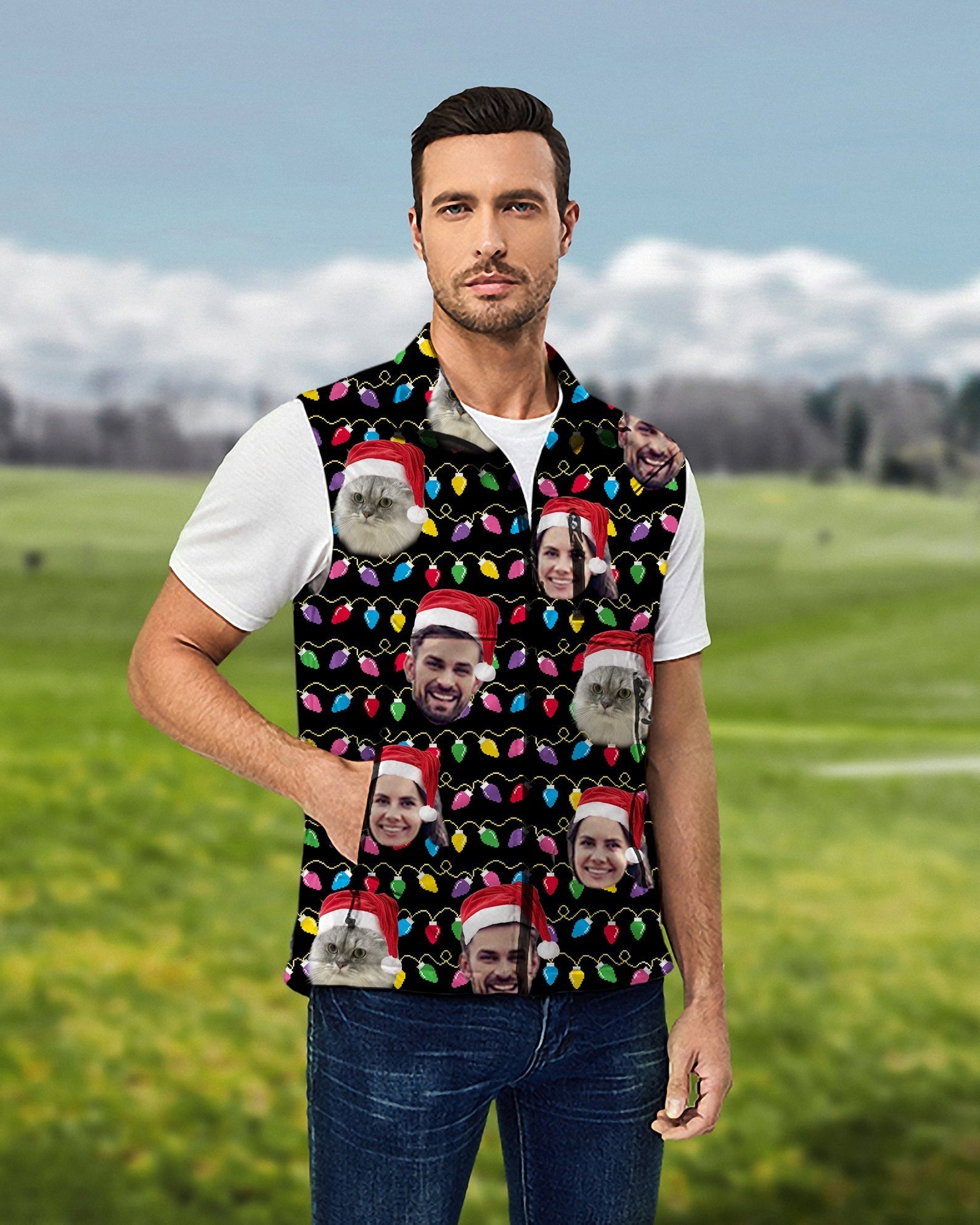 Men's custom face Christmas softshell vest with personalized faces and holiday lights pattern