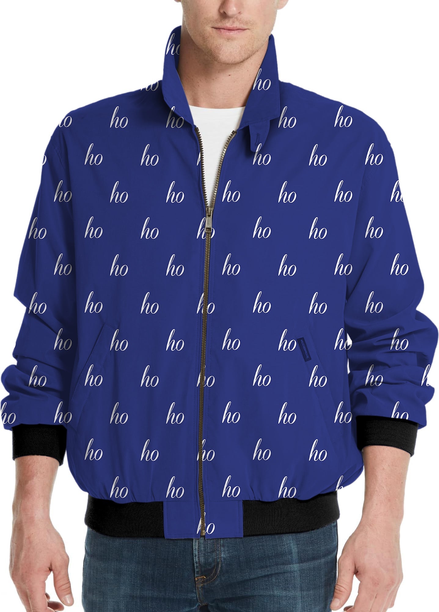 Blue custom name Christmas men's golf windbreaker light jacket with "ho" pattern and zipper front