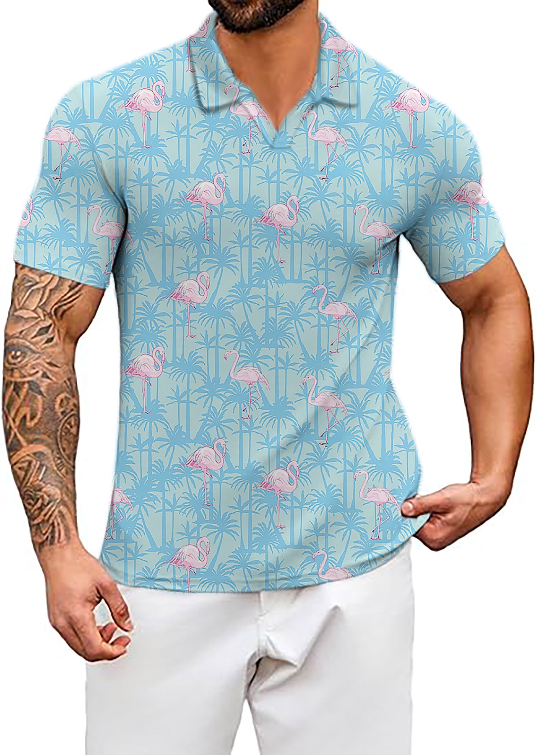 Men's A pale pink flamingo V Neck Golf Polo Shirts