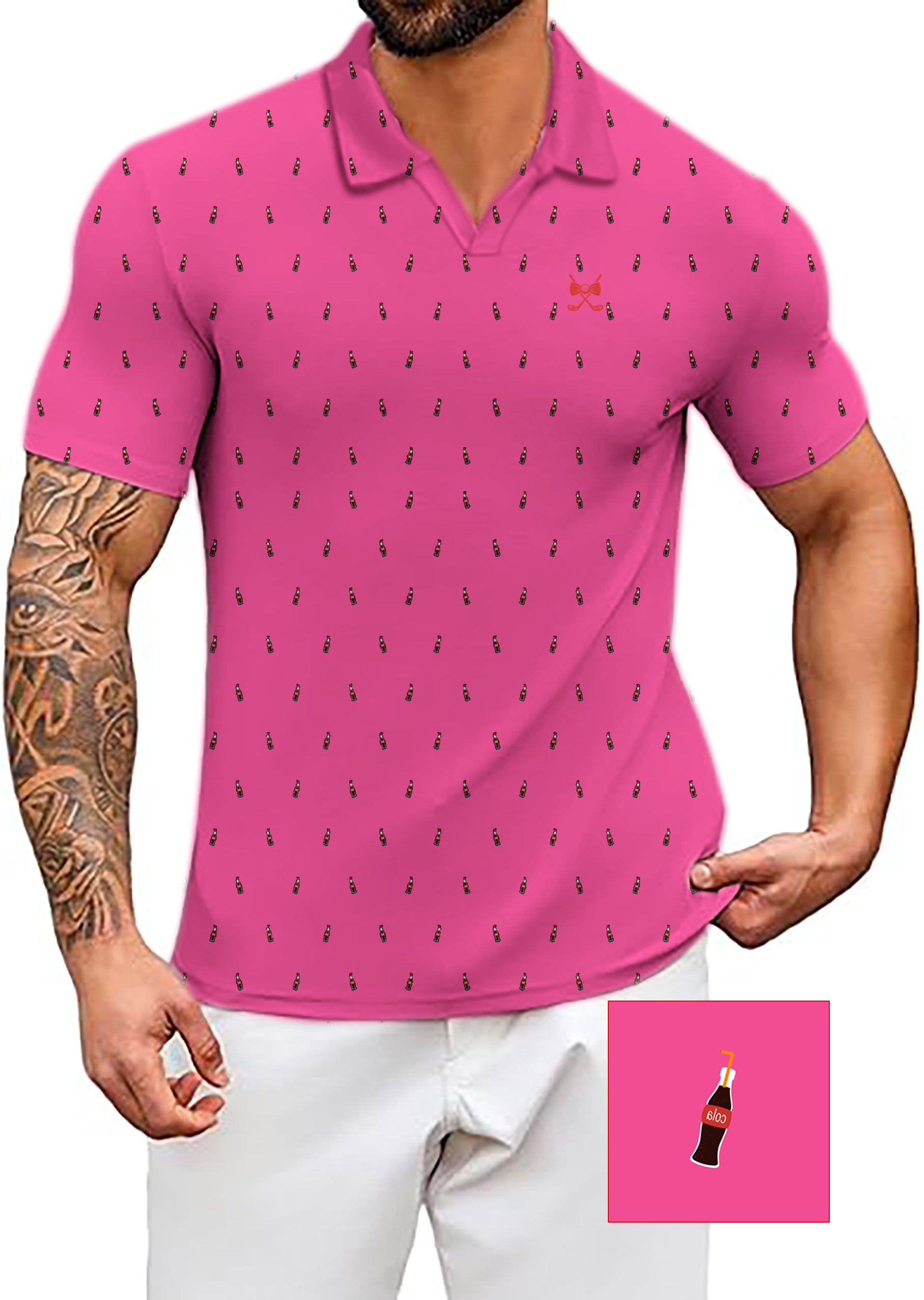 Men's Fuchsia Cola Glass Bottle V Neck Golf Polo Shirts