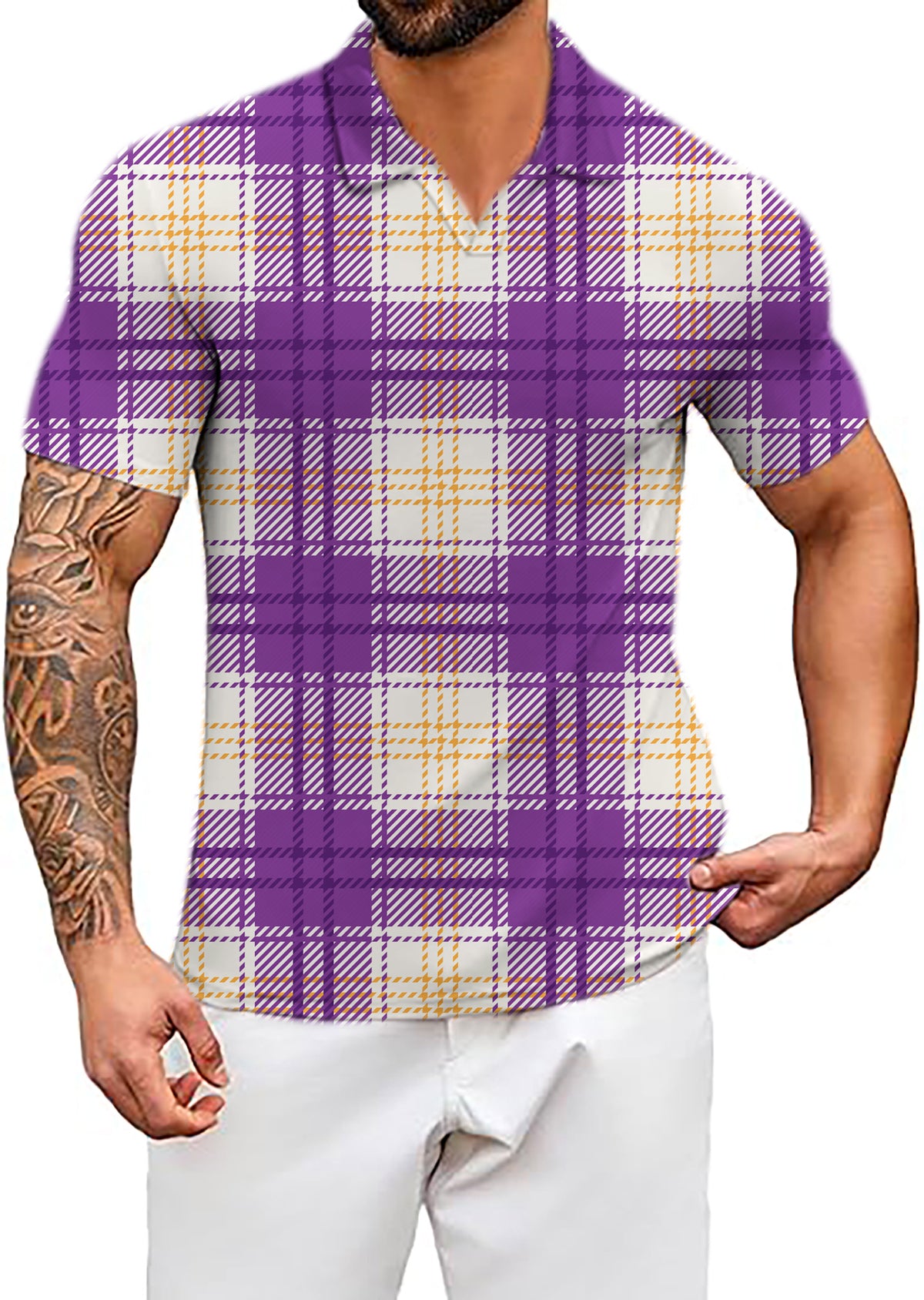Men's Halloween purple and yellow grid pattern V Neck Golf Polo Shirts