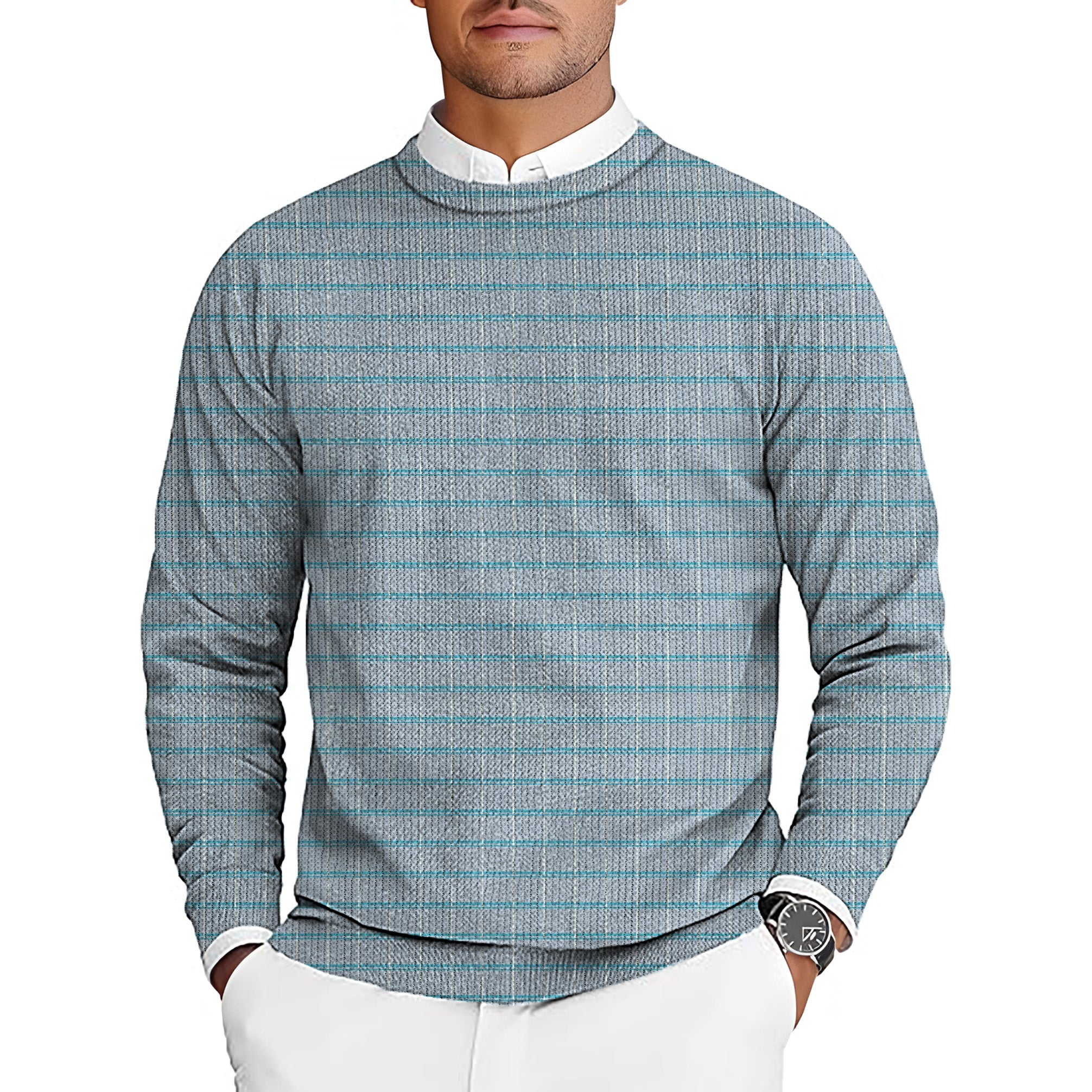 Sky blue checkered Men's Golf Crewneck Pullover Sweaters Ugly Sweater