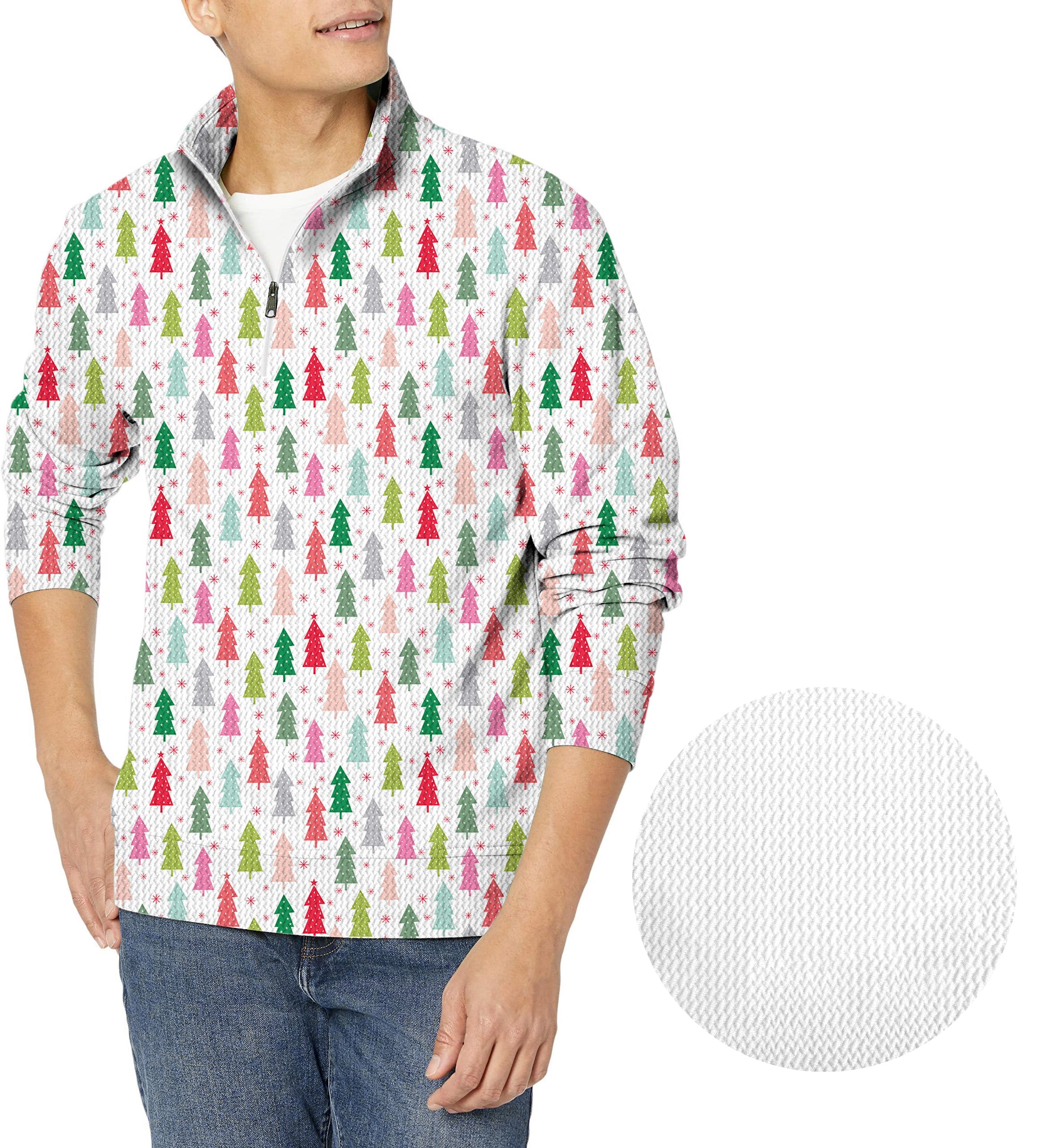 Men's golf waffle pullover with colorful Christmas tree pattern and zipper collar