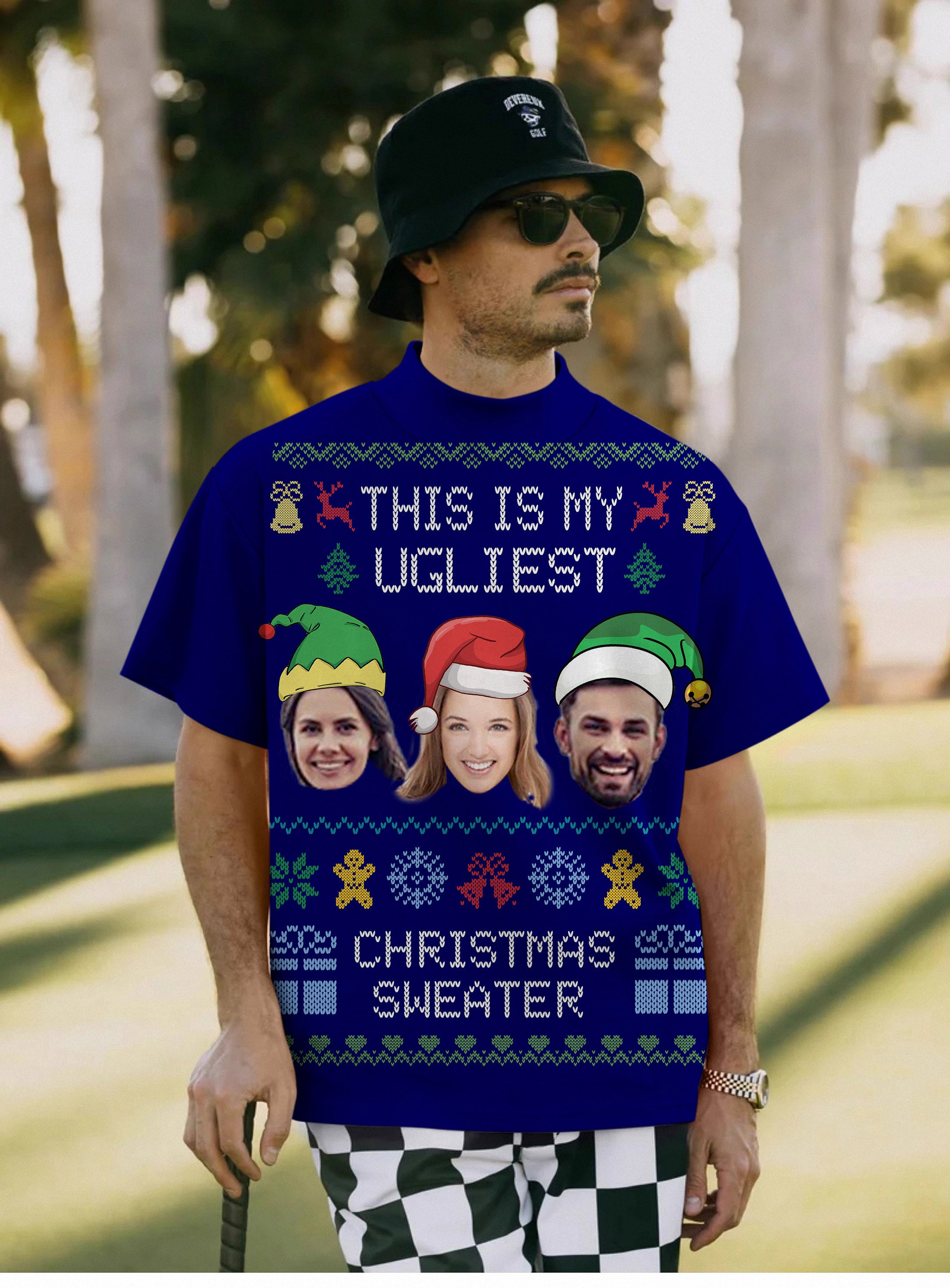 Men's Navy-Christmas Custom face Pullover High neck Long/Short sleeve T-Shirt