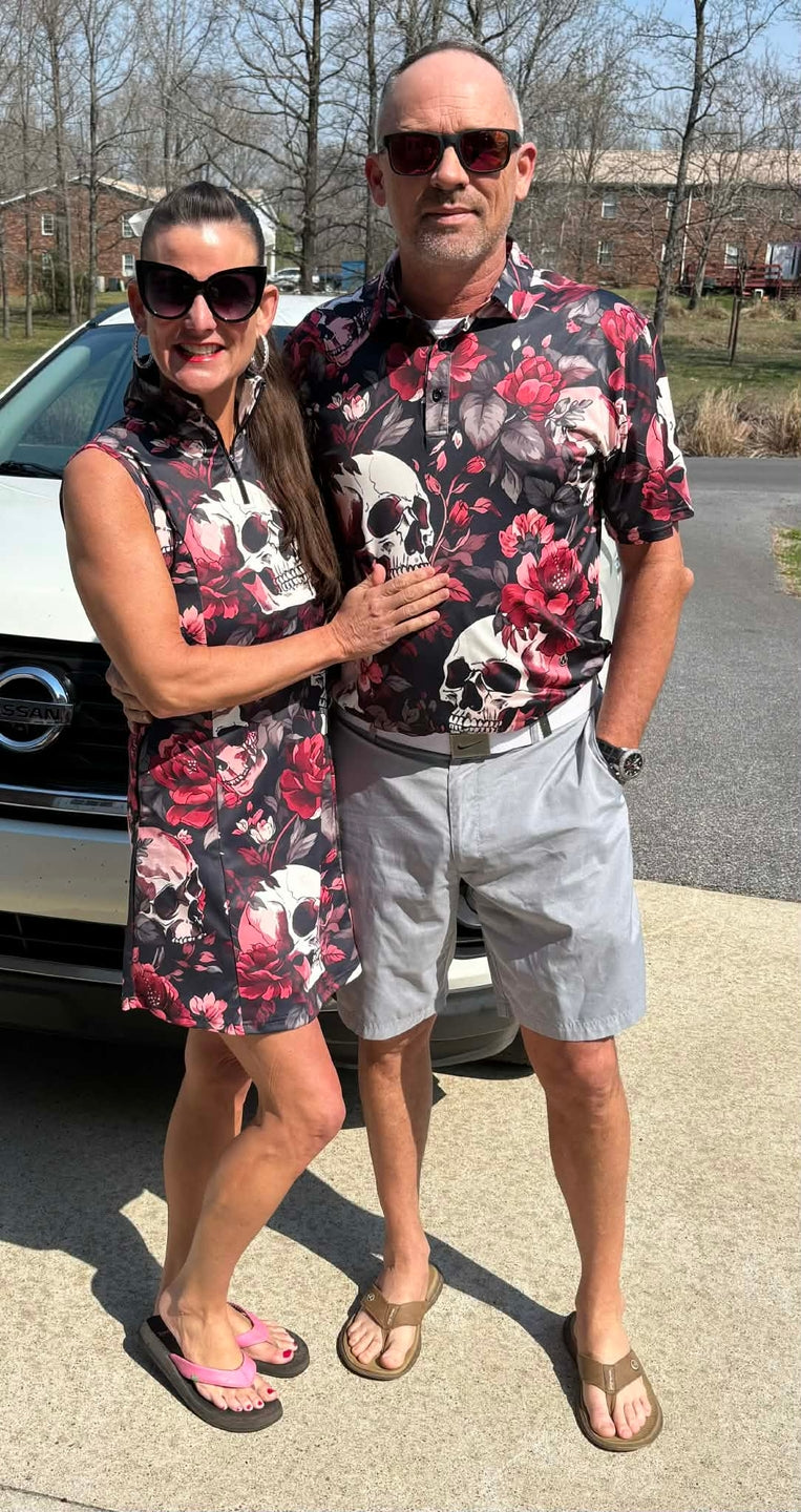 Halloween floral skull Women's Golf Sleeveless Zipper Dresses with Built in Shorts