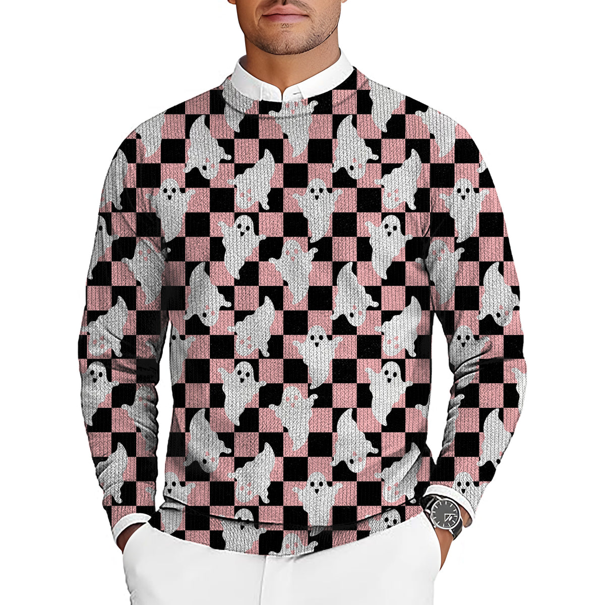 Halloween Black and White Checkerboard Ghost Men's Golf Crewneck Pullover Sweaters Ugly Sweater