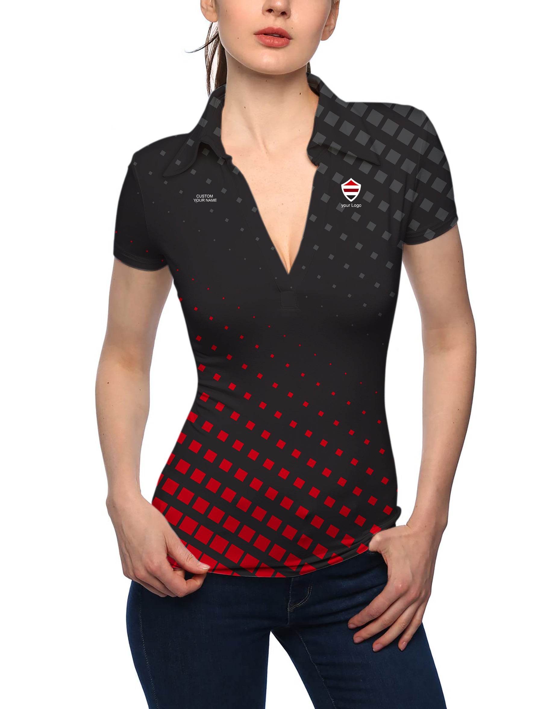 Women's black red sport Team V Neck Golf Polo