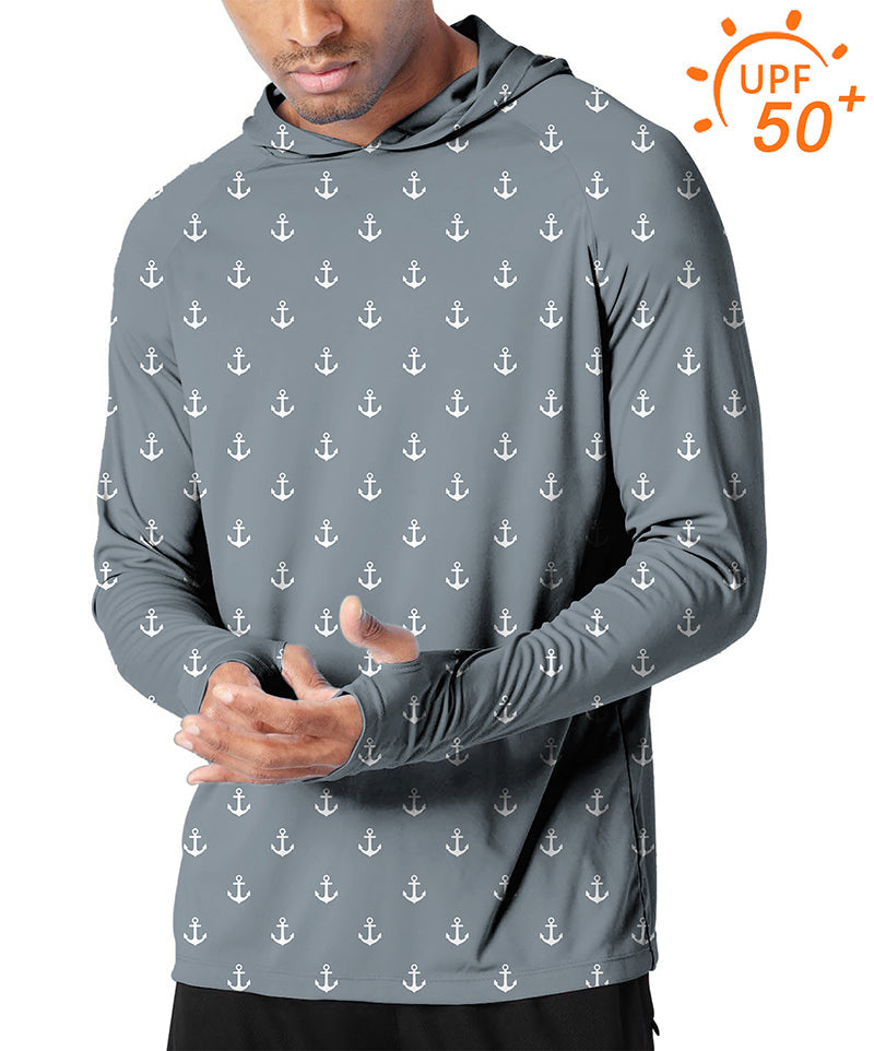 Men's outdoor gray anchor print slim fit golf sun protection hoodie with UPF 50+ breathable fabric and thumb holes