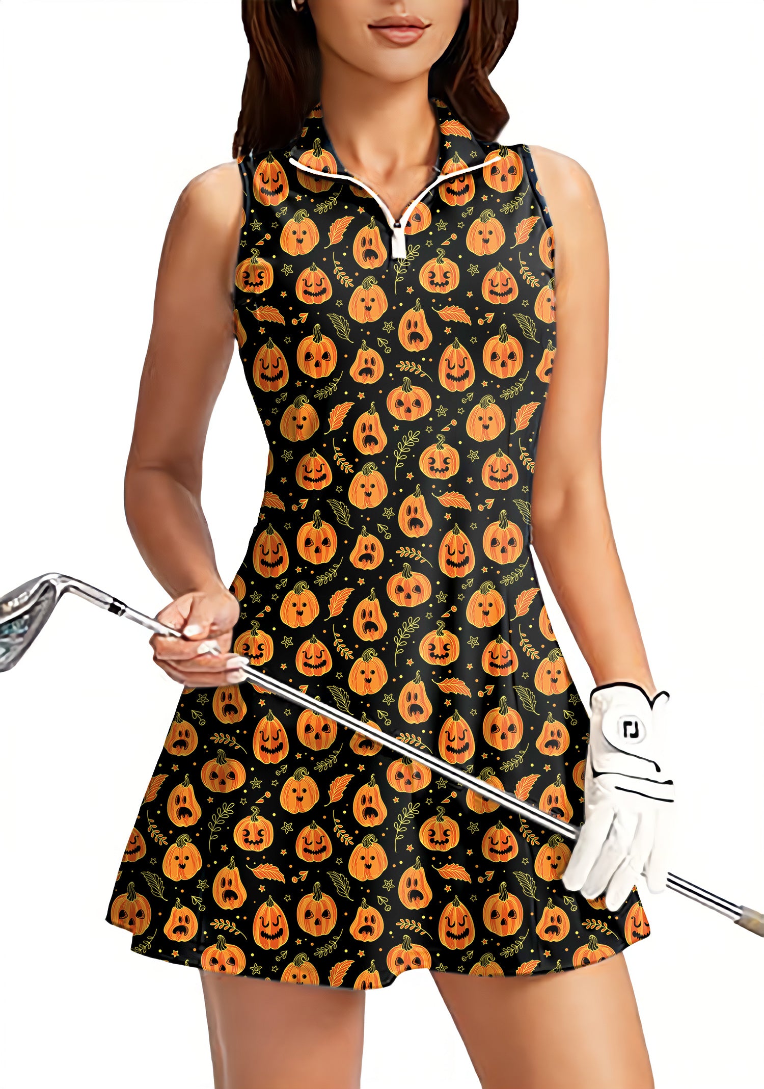 Halloween Kawaii Pumpkin Bones Women's Golf Sleeveless Zipper Dresses with Built in Shorts