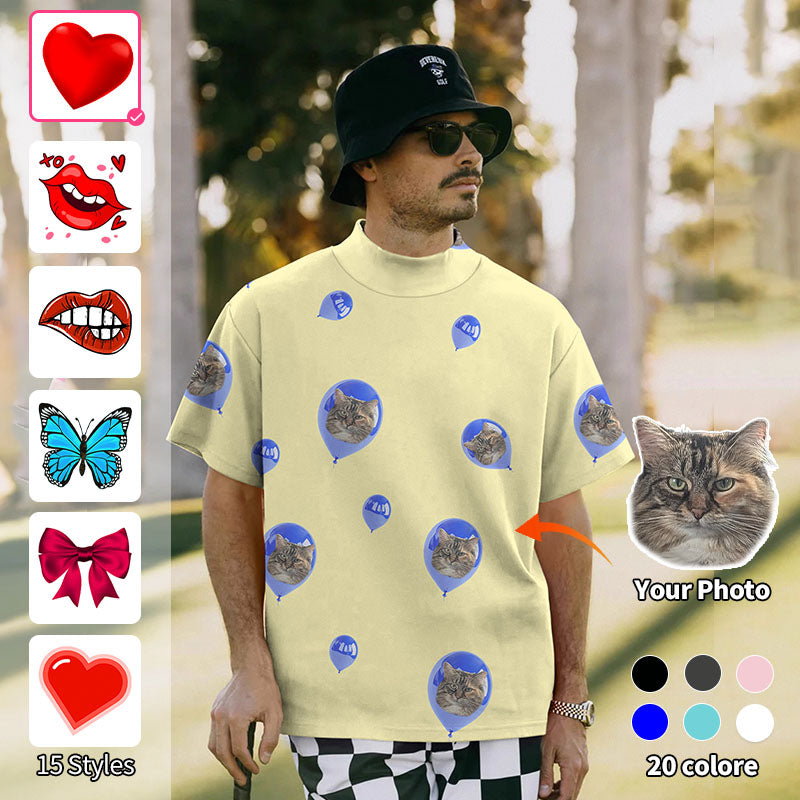 Valentine's Day Men's Custom Photo Face Custom Color Yellow Love Mock Neck Long/Short Sleeve Golf Tops