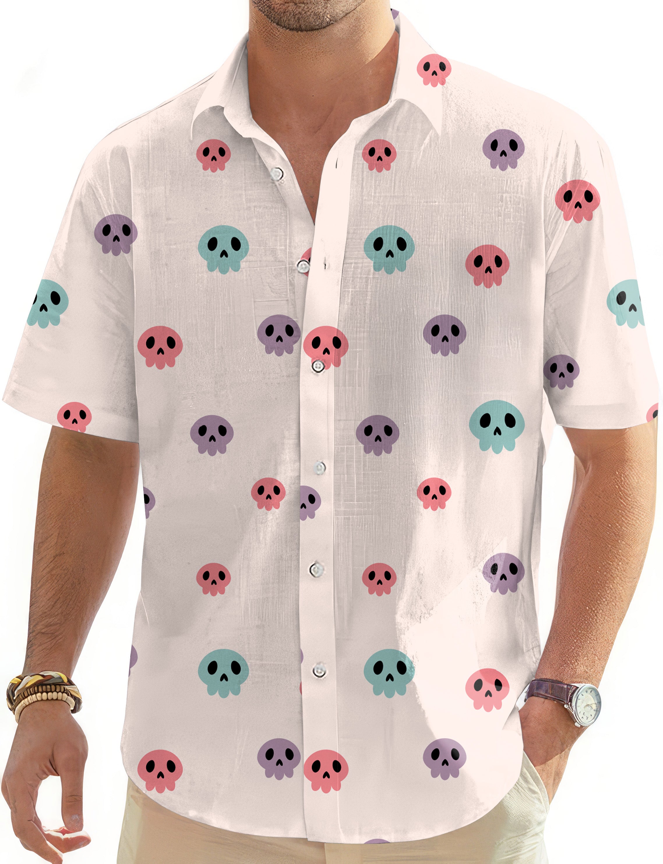 Colorful Halloween Skull Men's Golf Hawaiian Shirts Button Down Shirt
