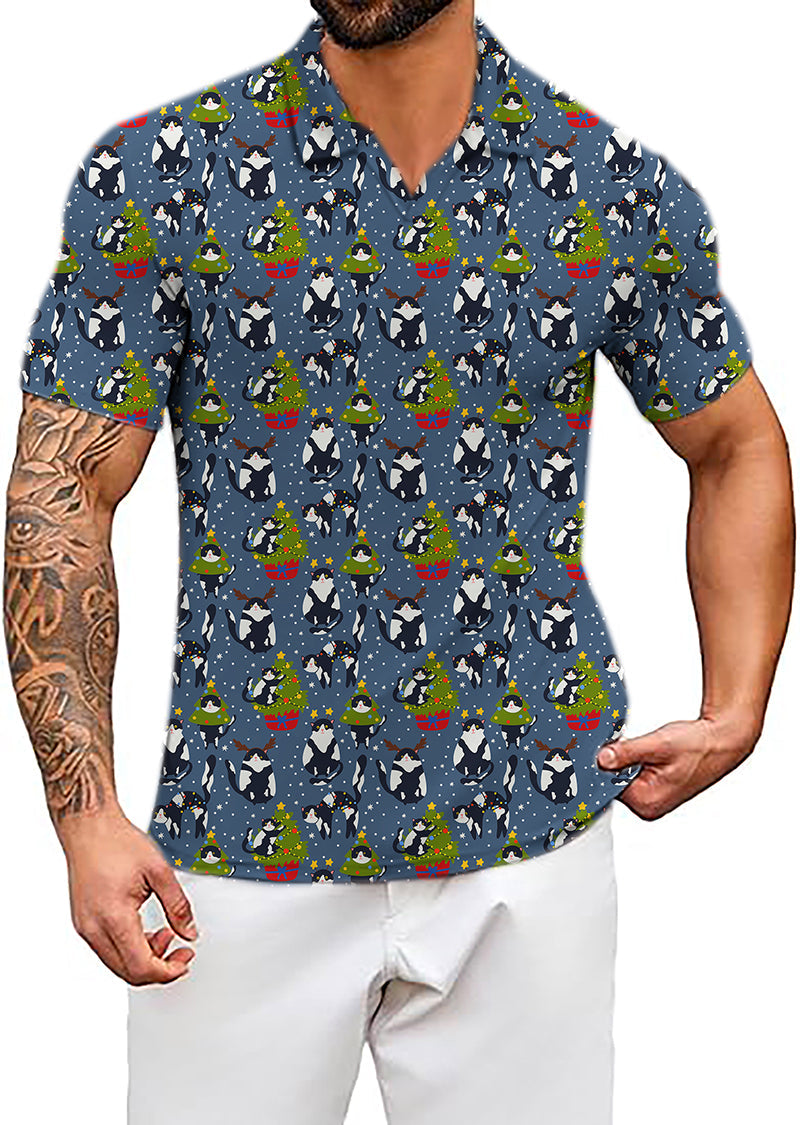 Men's Coconut Palm Navy Blue Christmas cat print short sleeve shirt with four-way stretch and wrinkle-resistant fabric