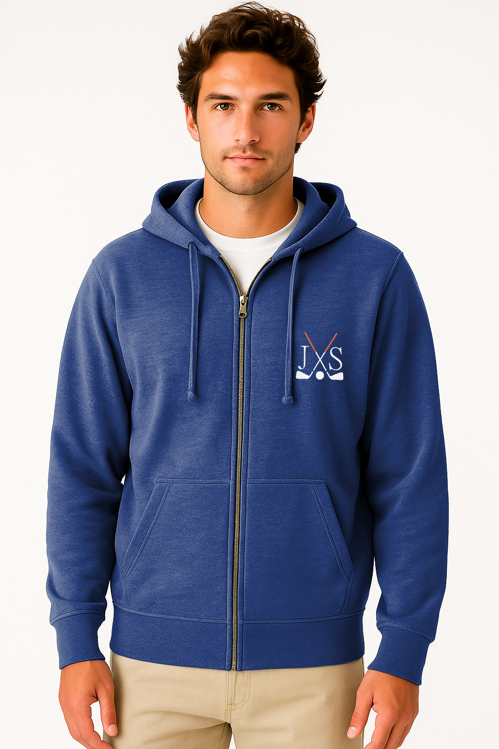 Men's navy blue embroidery solid color plus size zipper hoodie with three-panel hood and rib knit details