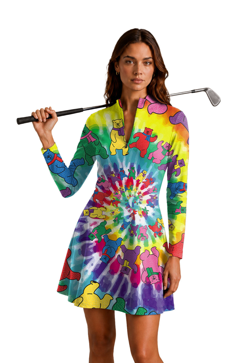 Kaleidoscope Bear Women's Golf Long Sleeve Zipper Dresses Comes with separate matching shorts