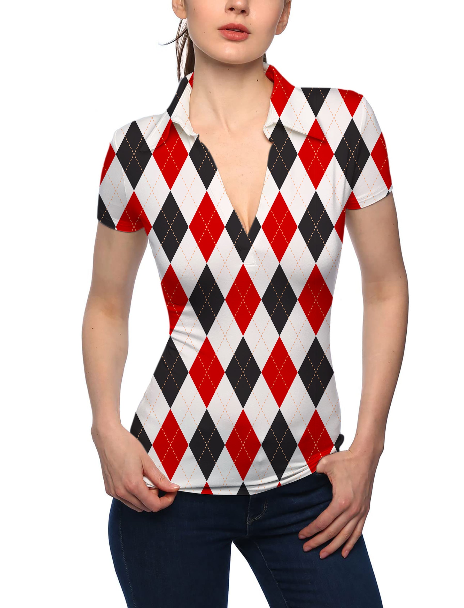 Argyle Women's Red black grid V Neck Golf Polo