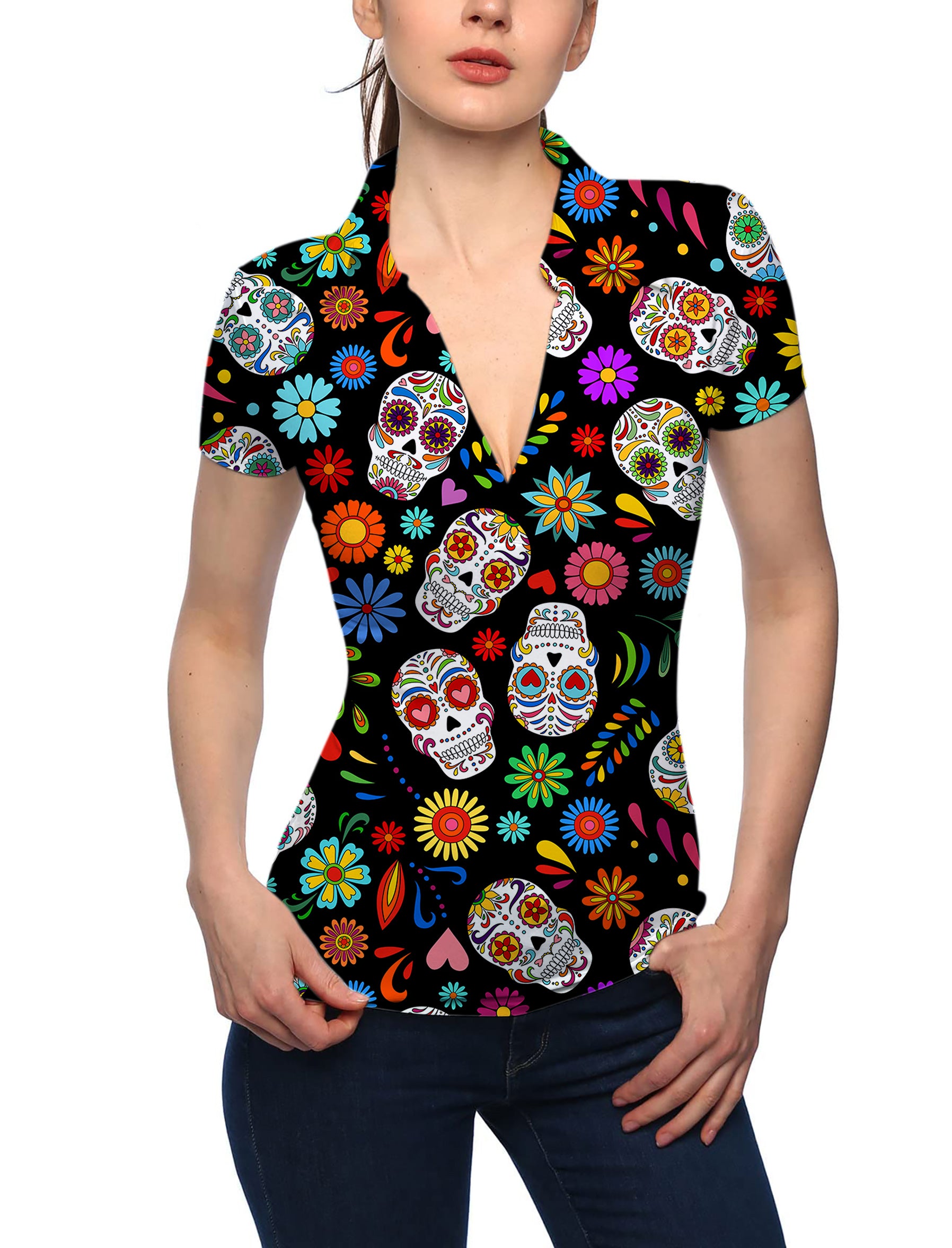 Women's Fiesta Feeling skull V Neck Golf Polo