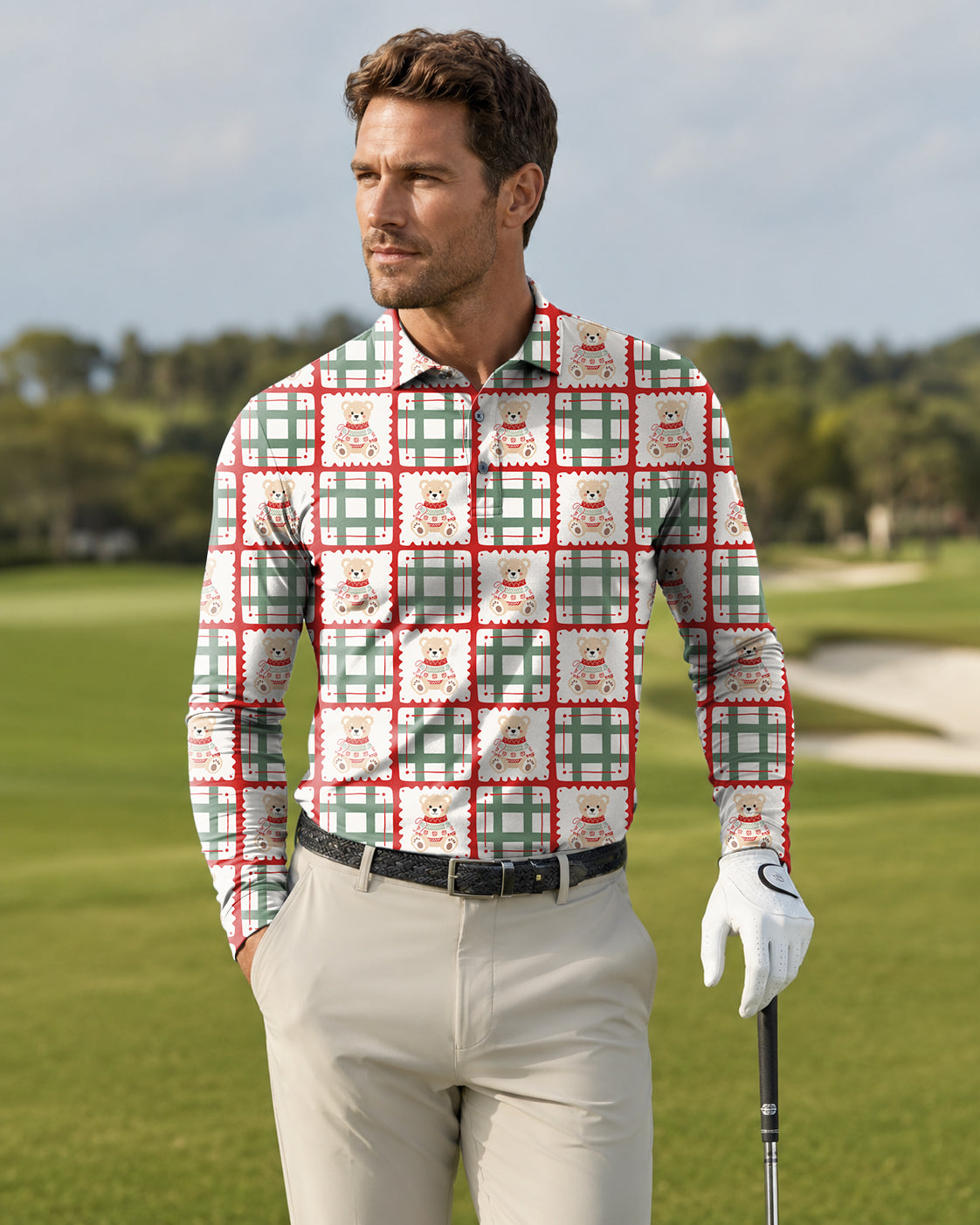 Men's Cute Christmas Teddy Bear Long-sleeved Polo