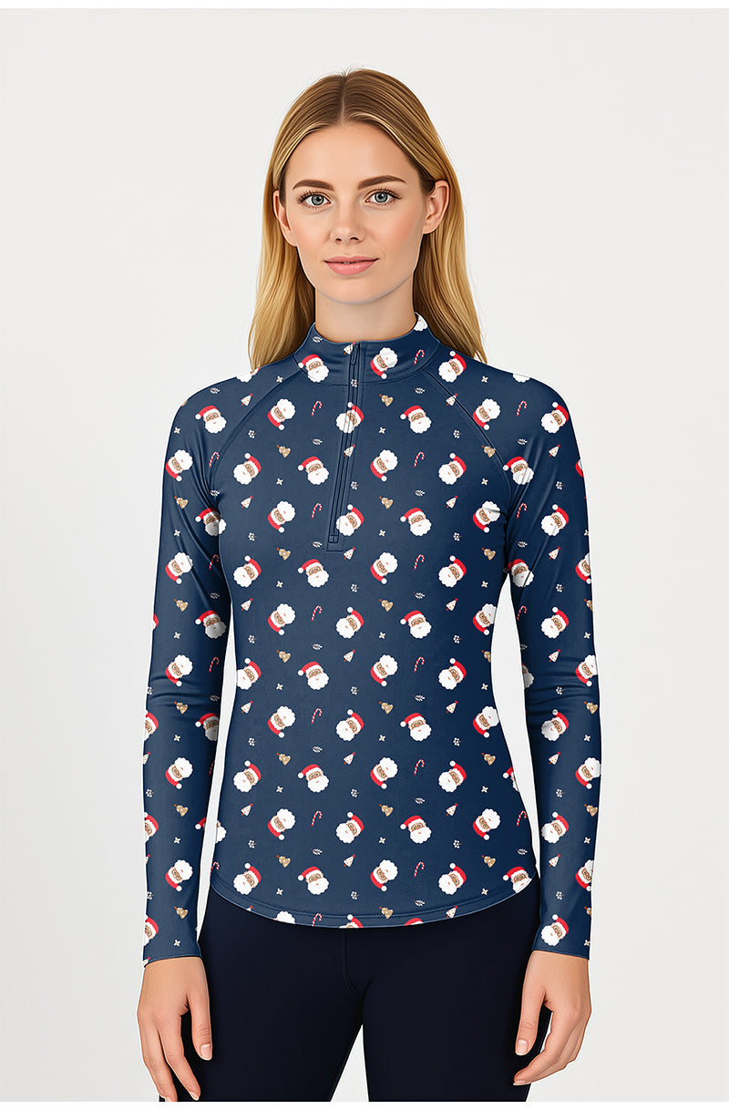 Women’s Santa Claus Christmas Candy Cane golf active 3/4 zip top with long sleeves and mock collar