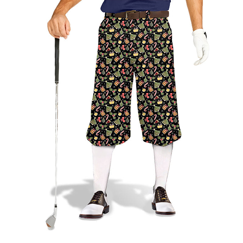 Men's golf knickers with Christmas pattern, soft breathable fabric, snug ankle cuffs, and adjustable Velcro waist.