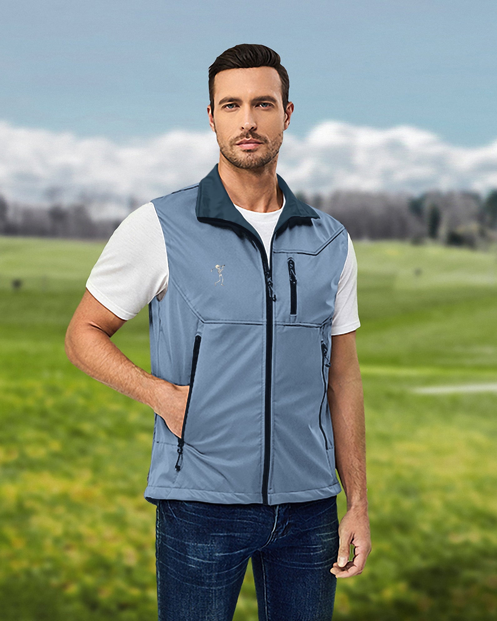 Men's White Blue Halloween Skeleton Golf Lightweight Softshell Vest Sleeveless Jacket for Golf Windproof Waterproof