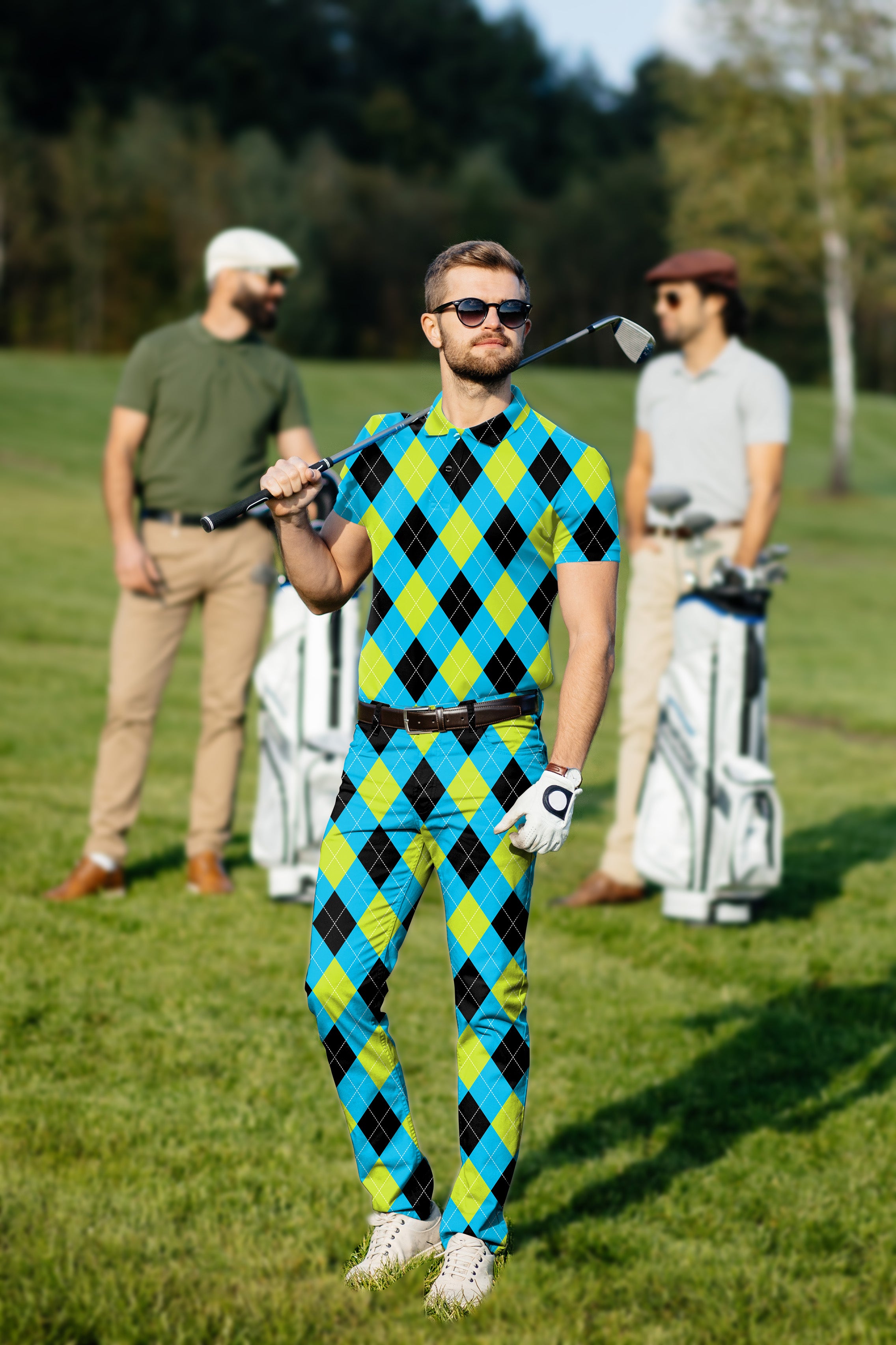 Men's Golf Set Polo+Pants Halloween  Black Green Blue White Argyle