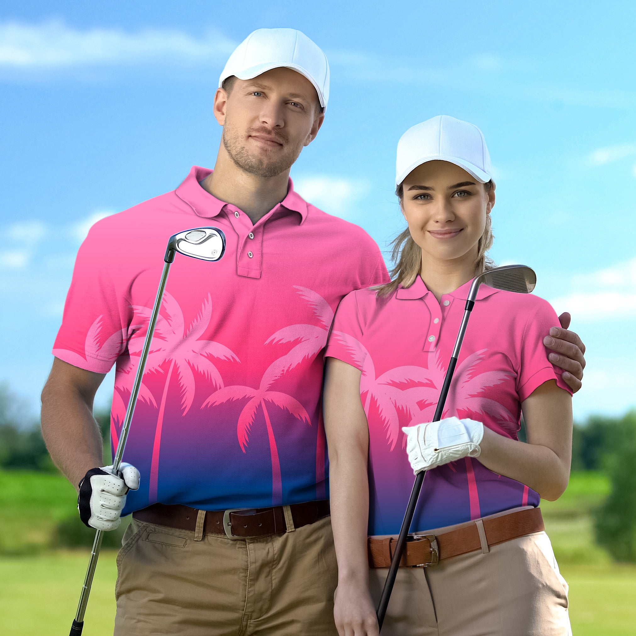 Golf Polo Couple Family set pink palm