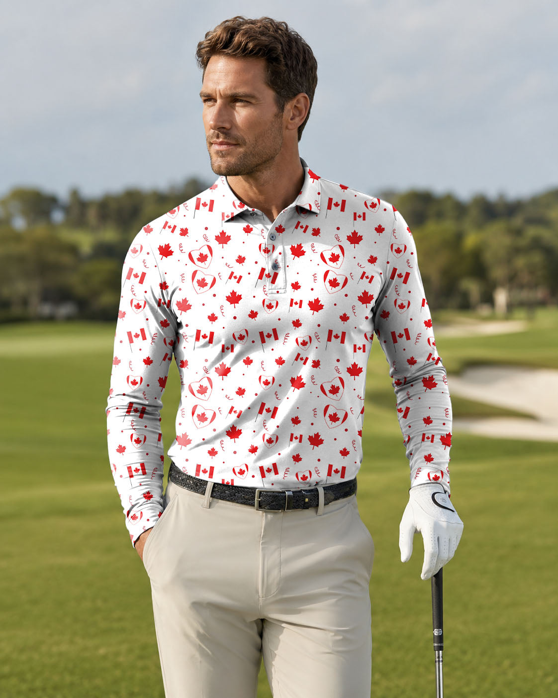 Men's Canadian Patriotic Flag Long-sleeved Polo