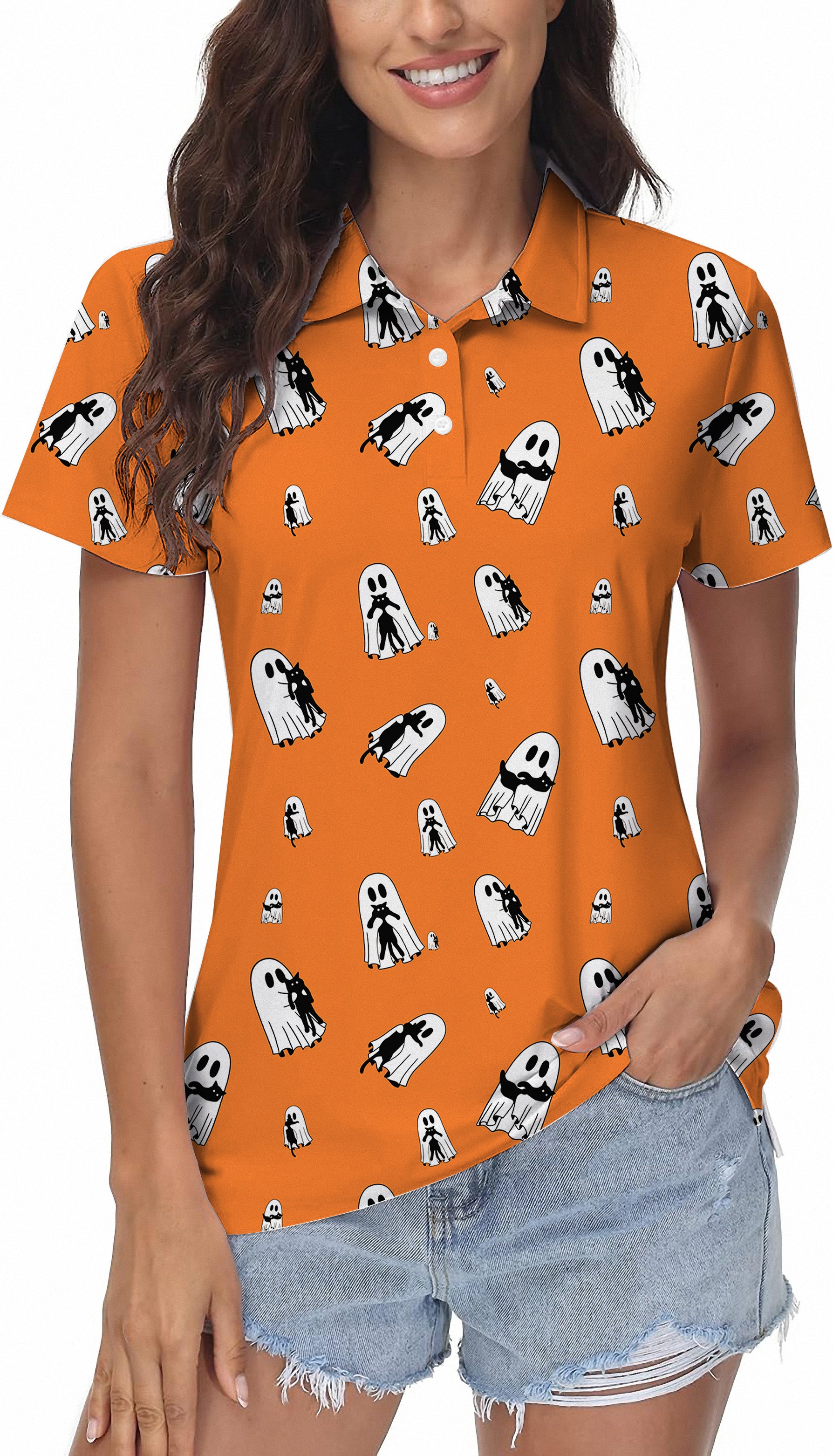 Halloween Ghost Hug Cat Custom The Background Color Women's Golf Polo