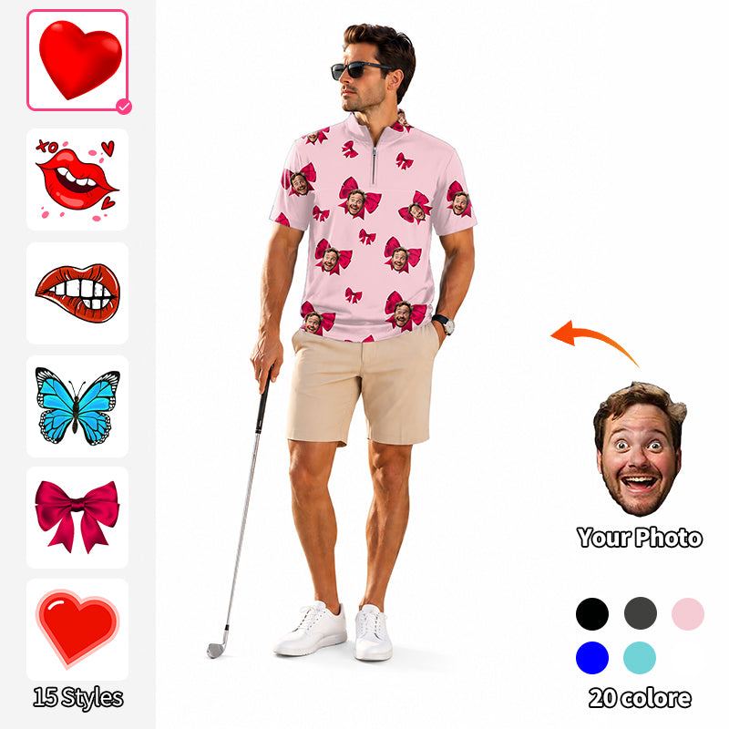 Valentine's Day Men's Short Sleeve Quarter Zip Golf Pullover   Custom Photo Face Custom Color Pink Love Embroidery
